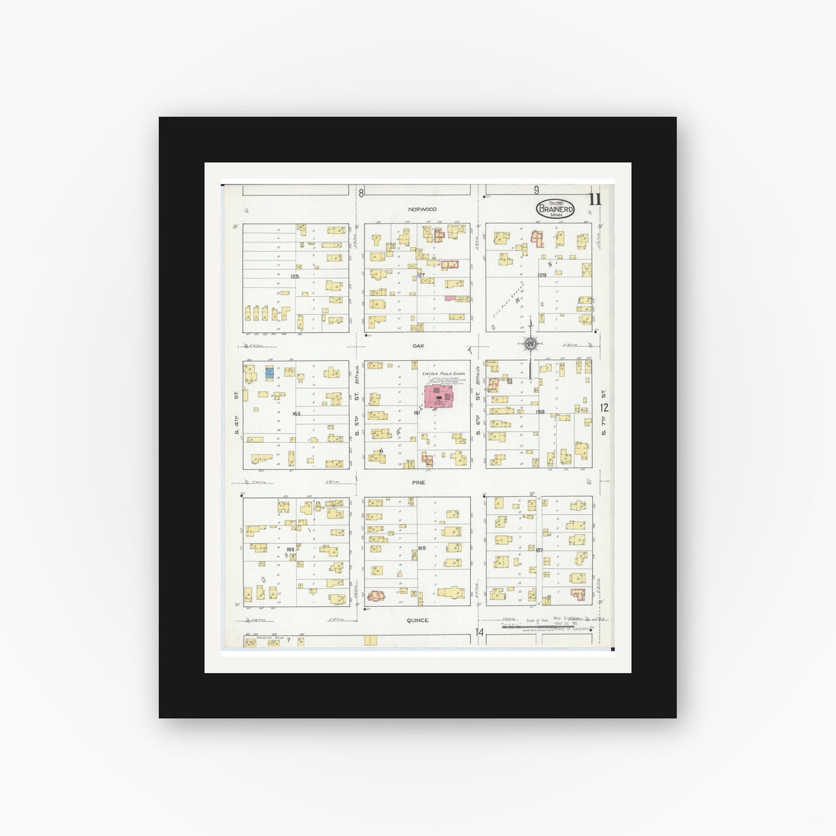 Old map wall art mockup — black gallery frame with white mat — Sanborn Fire Insurance Map from Brainerd, Crow Wing County, Minnesota (1917), Sheet #0011
