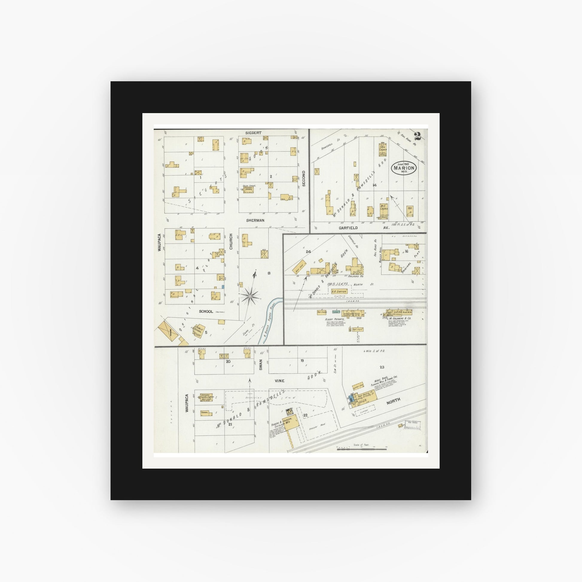 Old map wall art mockup — black gallery frame with white mat — Sanborn Fire Insurance Map from Marion, Waupaca County, Wisconsin (1901), Sheet #0002