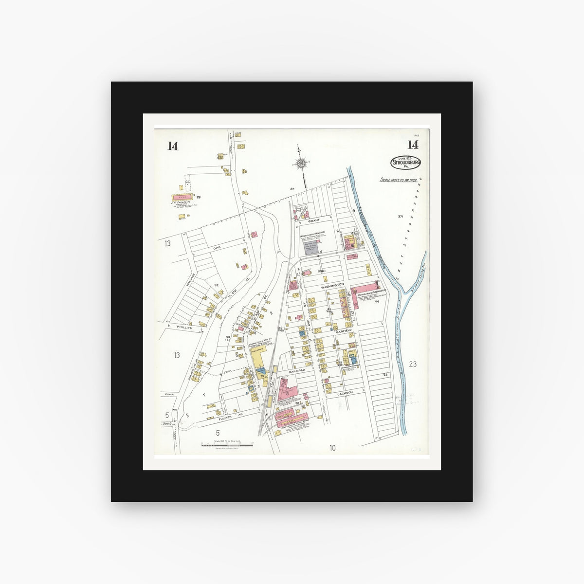 Old map wall art mockup — black gallery frame with white mat — Sanborn Fire Insurance Map from Stroudsburg, Monroe County, Pennsylvania (1923), Sheet #0014