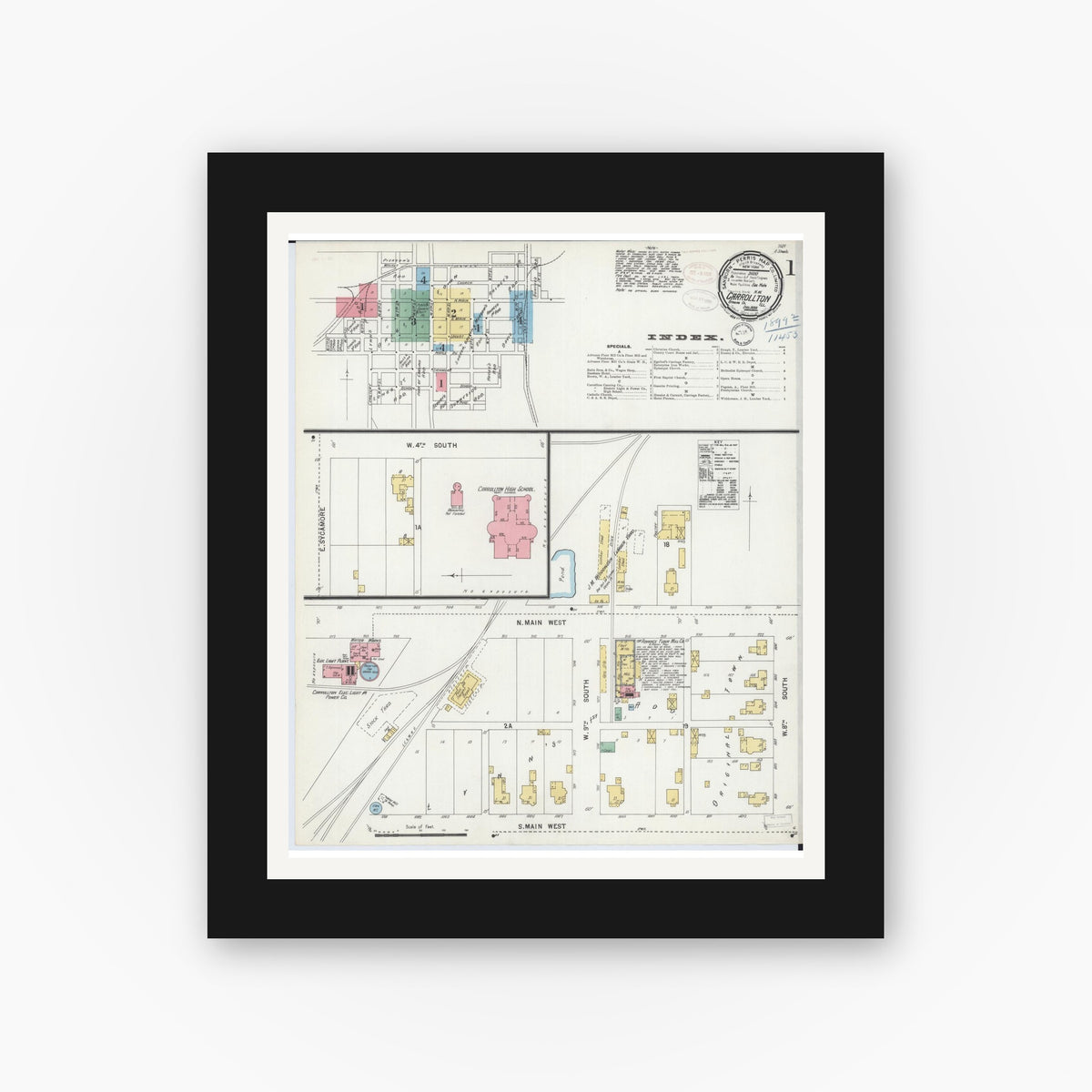 Old map wall art mockup — black gallery frame with white mat — Sanborn Fire Insurance Map from Carrollton, Greene County, Illinois (1898) - Complete Map Set