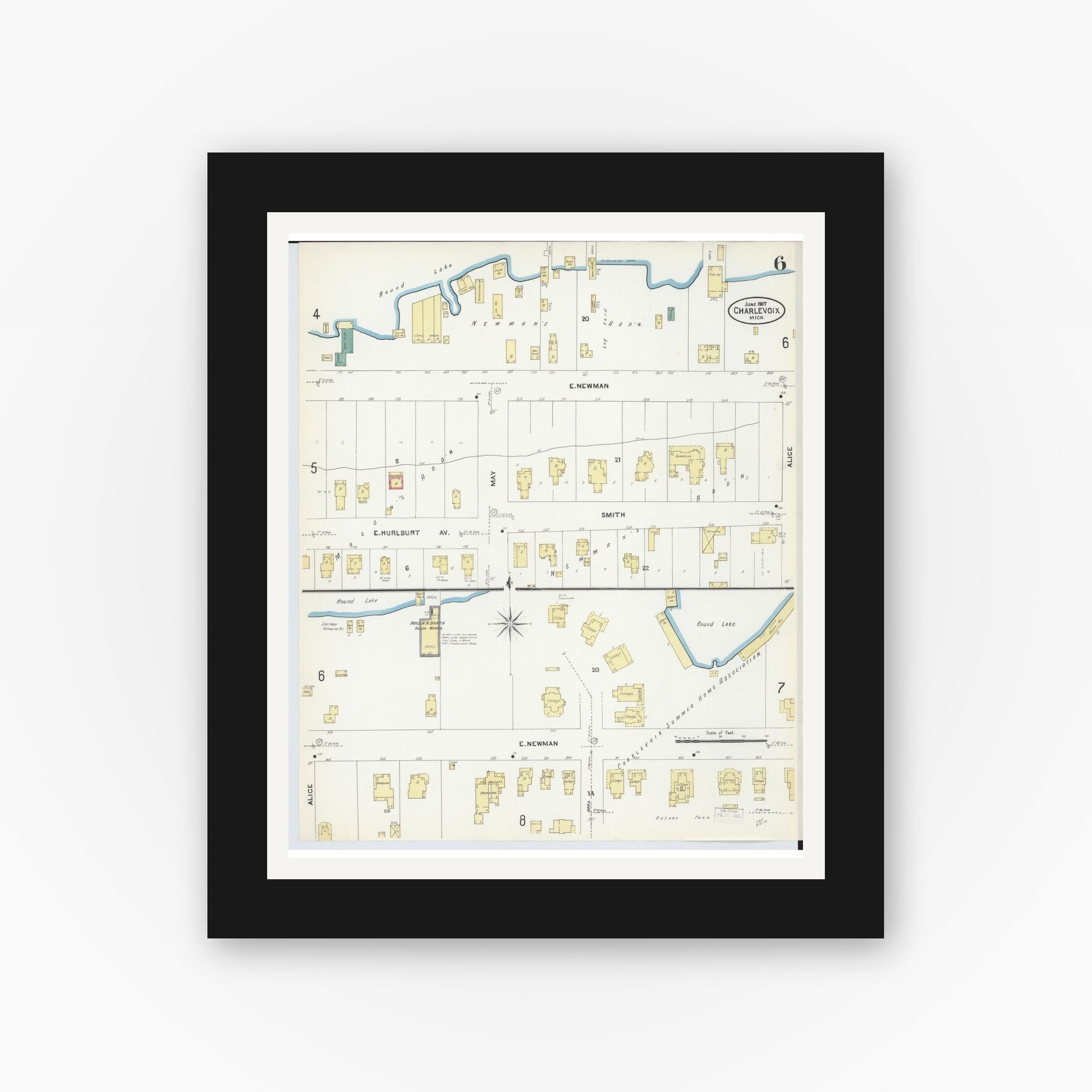 Old map wall art mockup — black gallery frame with white mat — Sanborn Fire Insurance Map from Charlevoix, Charlevoix County, Michigan (1907), Sheet #0006