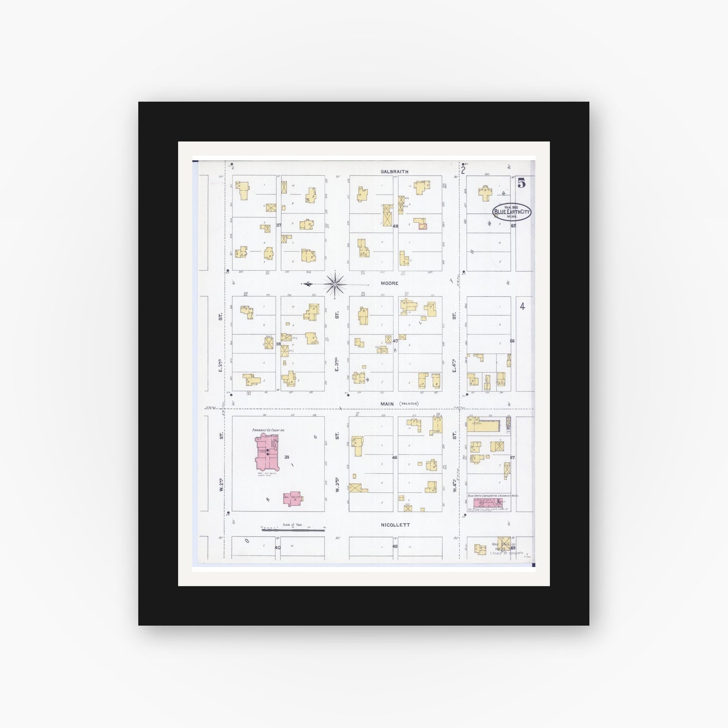 Old map wall art mockup — black gallery frame with white mat — Sanborn Fire Insurance Map from Blue Earth, Faribault County, Minnesota (1905), Sheet #0005
