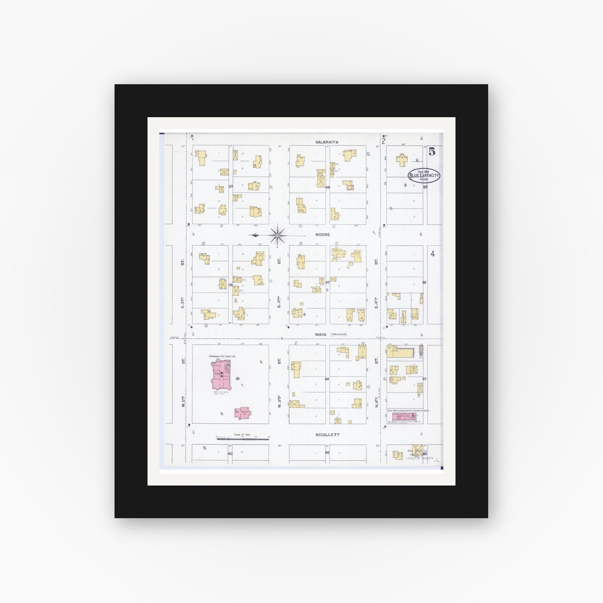 Old map wall art mockup — black gallery frame with white mat — Sanborn Fire Insurance Map from Blue Earth, Faribault County, Minnesota (1905), Sheet #0005