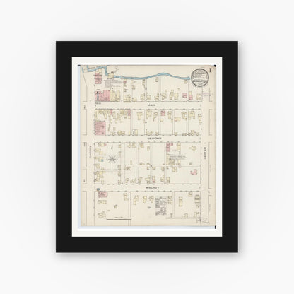 Old map wall art mockup — black gallery frame with white mat — Sanborn Fire Insurance Map from Cardington, Morrow County, Ohio (1885), Sheet #0001