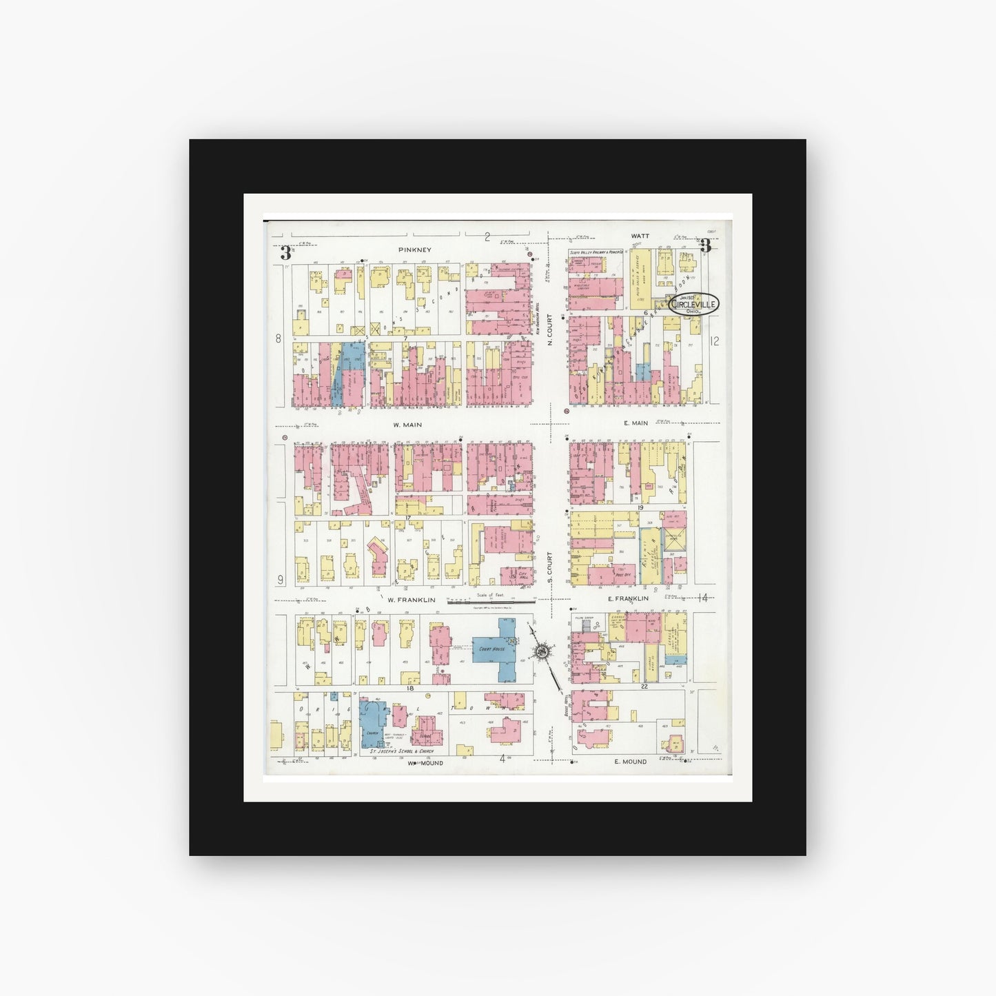 Old map wall art mockup — black gallery frame with white mat — Sanborn Fire Insurance Map from Circleville, Pickaway County, Ohio (1927), Sheet #0003