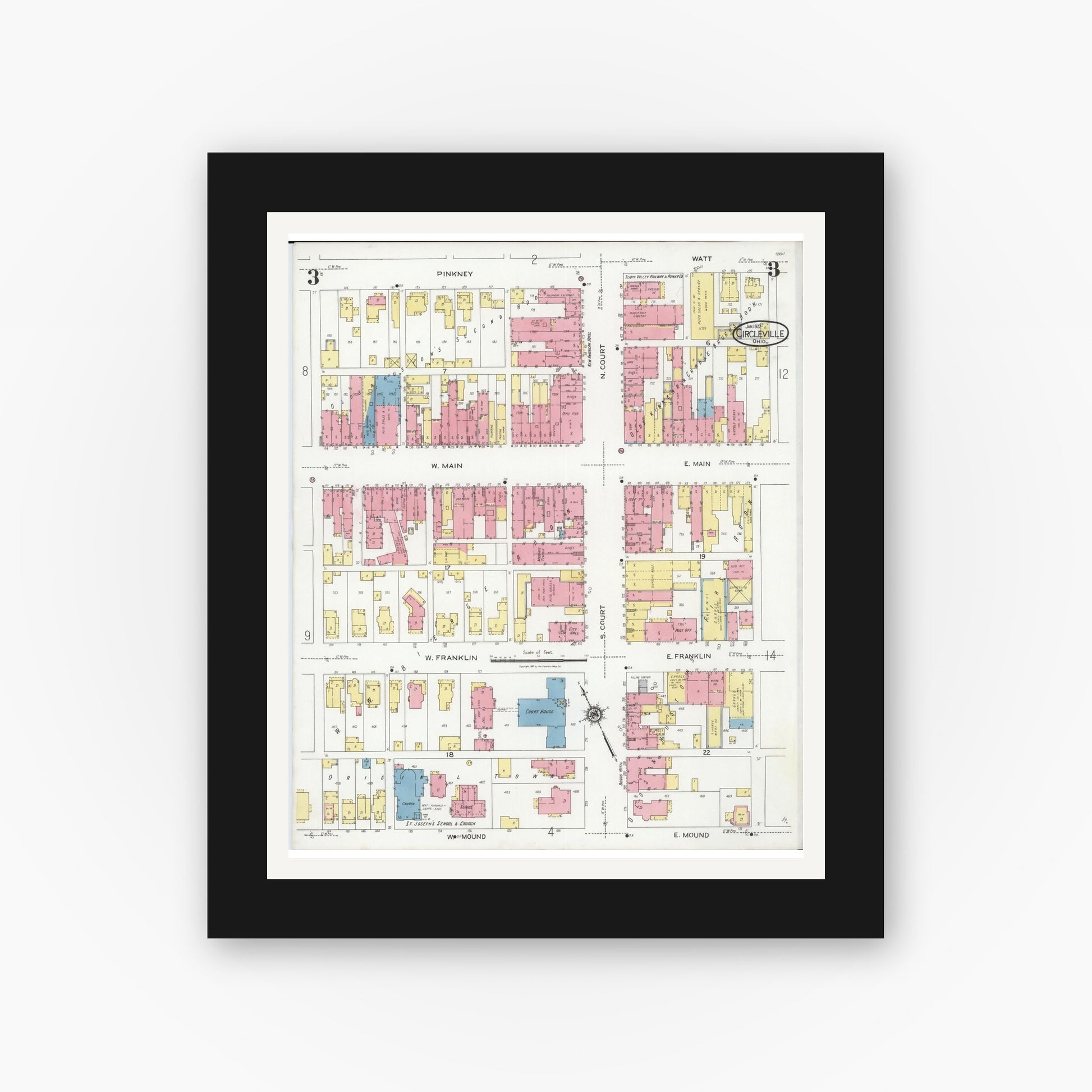 Old map wall art mockup — black gallery frame with white mat — Sanborn Fire Insurance Map from Circleville, Pickaway County, Ohio (1927), Sheet #0003