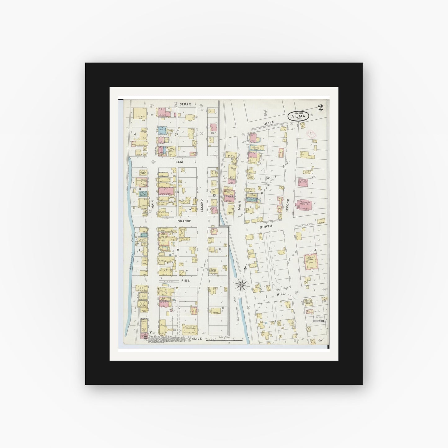 Old map wall art mockup — black gallery frame with white mat — Sanborn Fire Insurance Map from Alma, Buffalo County, Wisconsin (1894), Sheet #0002