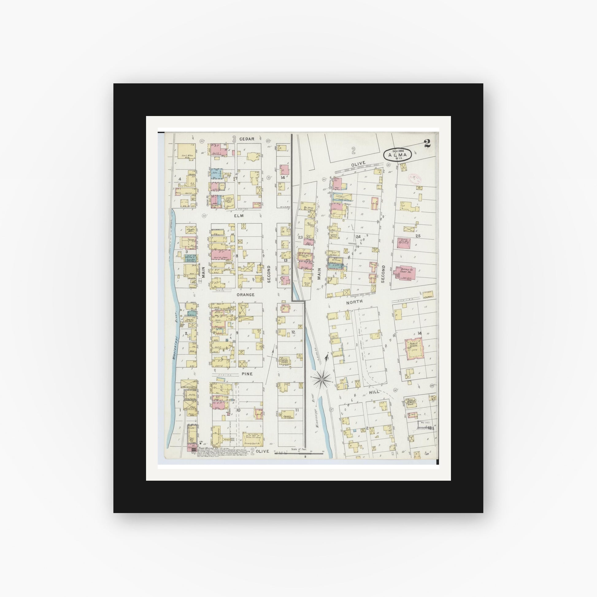 Old map wall art mockup — black gallery frame with white mat — Sanborn Fire Insurance Map from Alma, Buffalo County, Wisconsin (1894), Sheet #0002