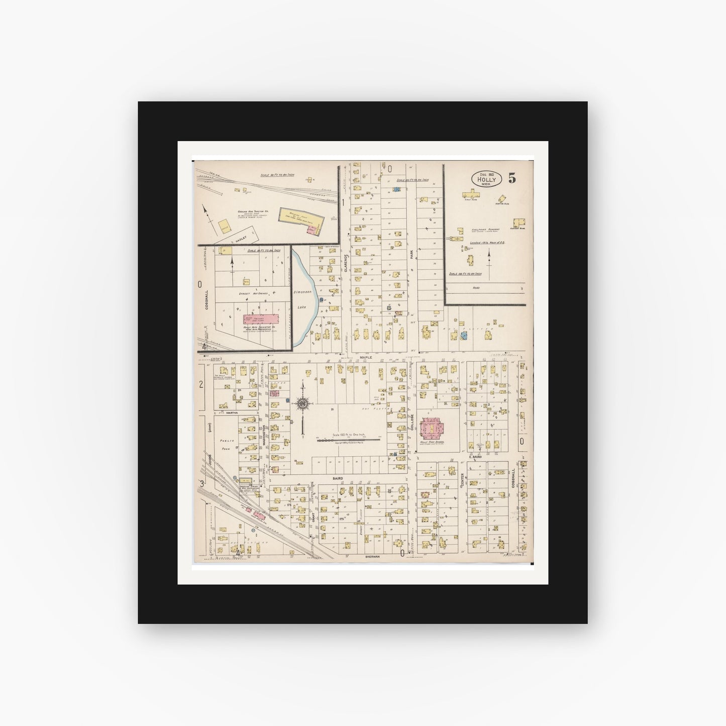 Old map wall art mockup — black gallery frame with white mat — Sanborn Fire Insurance Map from Holly, Oakland County, Michigan (1921), Sheet #0005