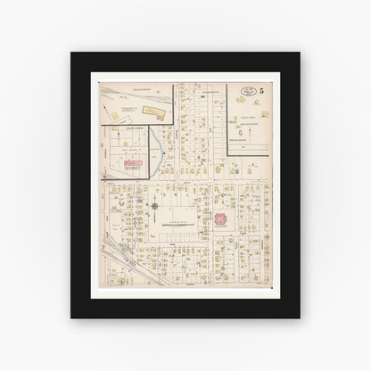 Old map wall art mockup — black gallery frame with white mat — Sanborn Fire Insurance Map from Holly, Oakland County, Michigan (1921), Sheet #0005