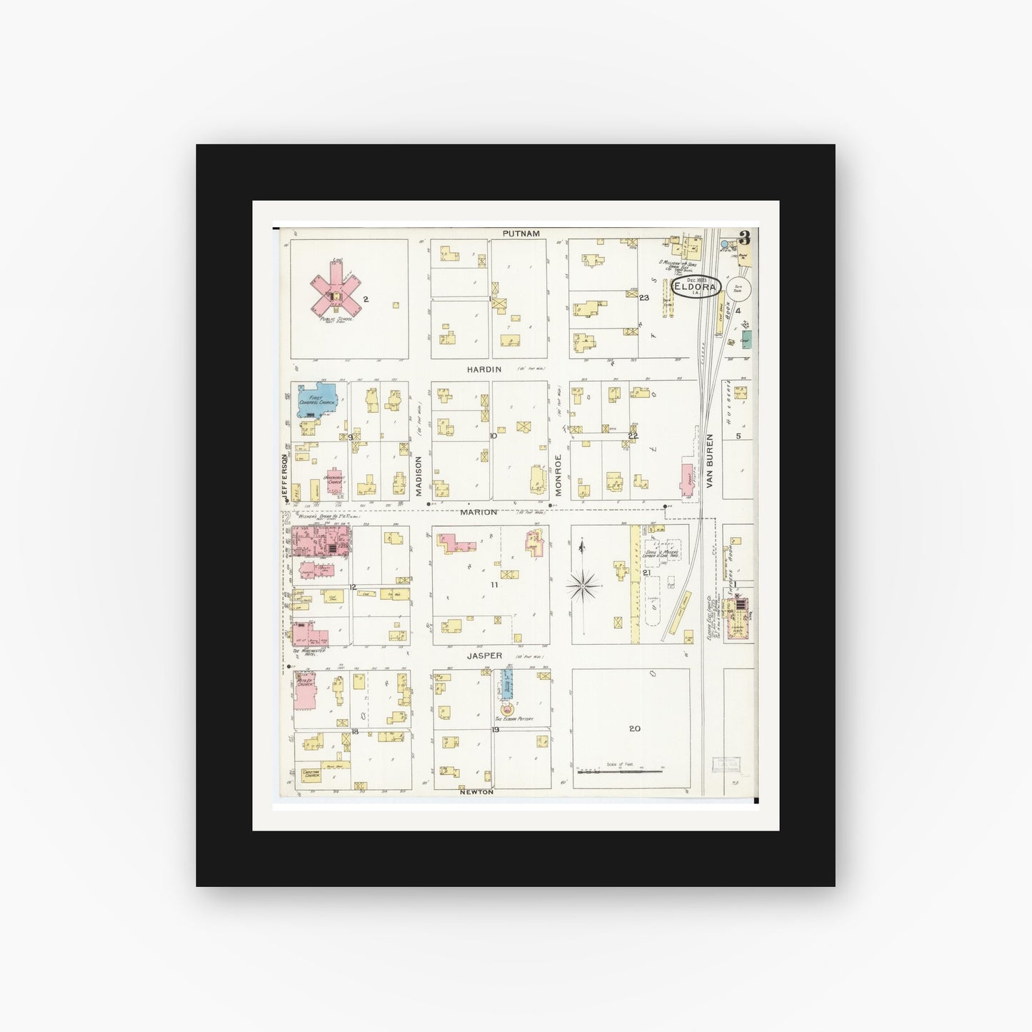 Old map wall art mockup — black gallery frame with white mat — Sanborn Fire Insurance Map from Eldora, Hardin County, Iowa (1893), Sheet #0003