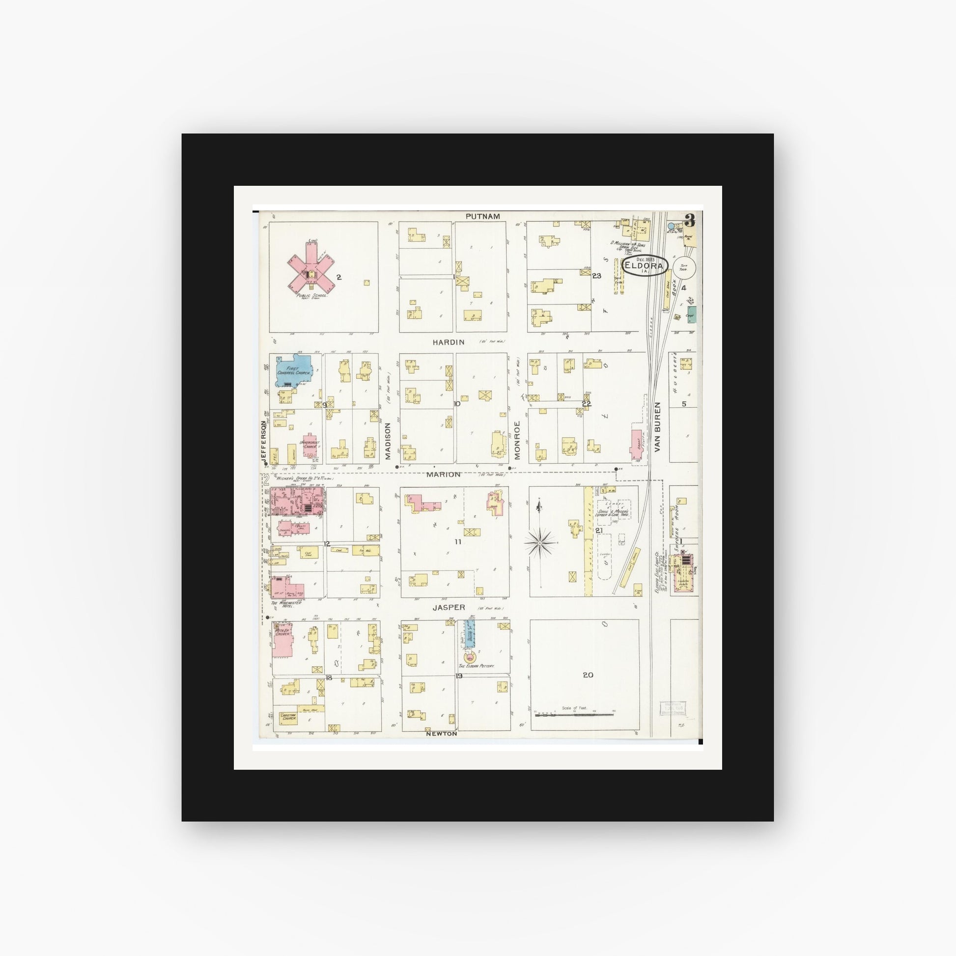 Old map wall art mockup — black gallery frame with white mat — Sanborn Fire Insurance Map from Eldora, Hardin County, Iowa (1893), Sheet #0003