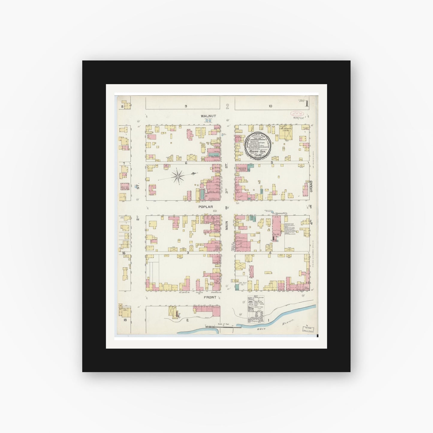 Old map wall art mockup — black gallery frame with white mat — Sanborn Fire Insurance Map from Rising Sun, Ohio County, Indiana (1892), Sheet #0001