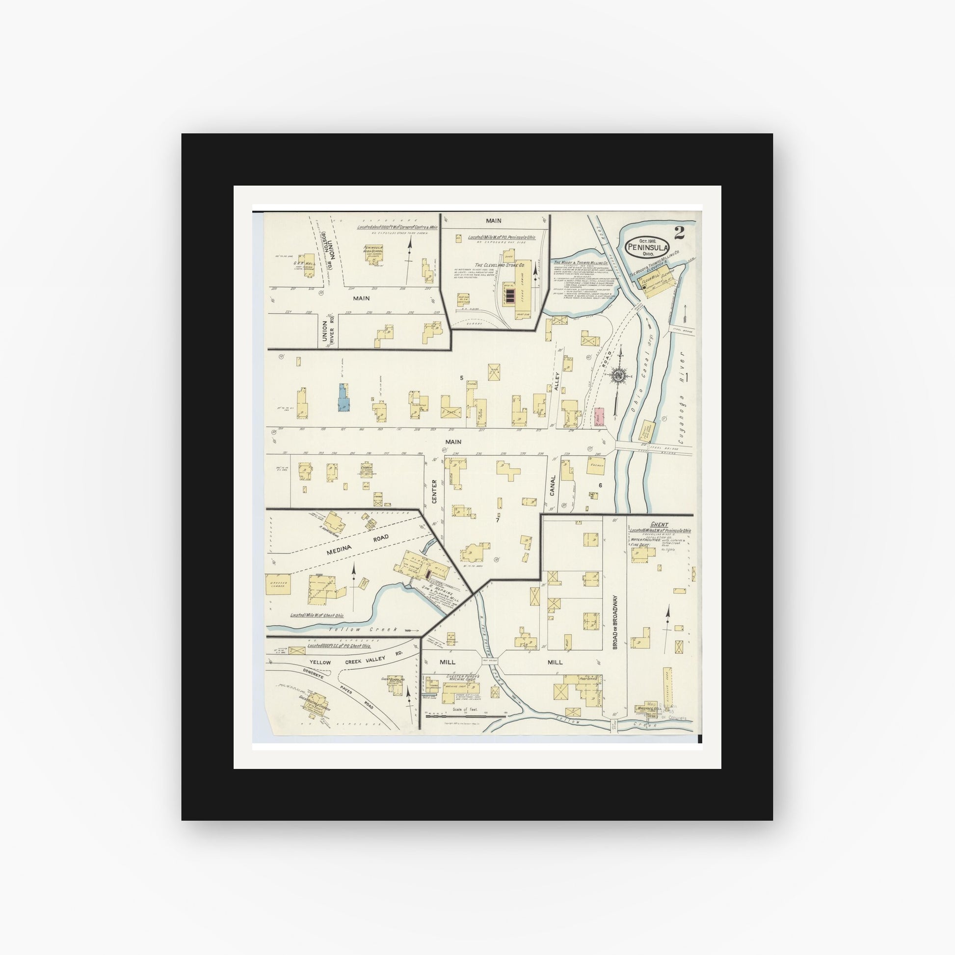 Old map wall art mockup — black gallery frame with white mat — Sanborn Fire Insurance Map from Peninsula, Summit County, Ohio (1916), Sheet #0002