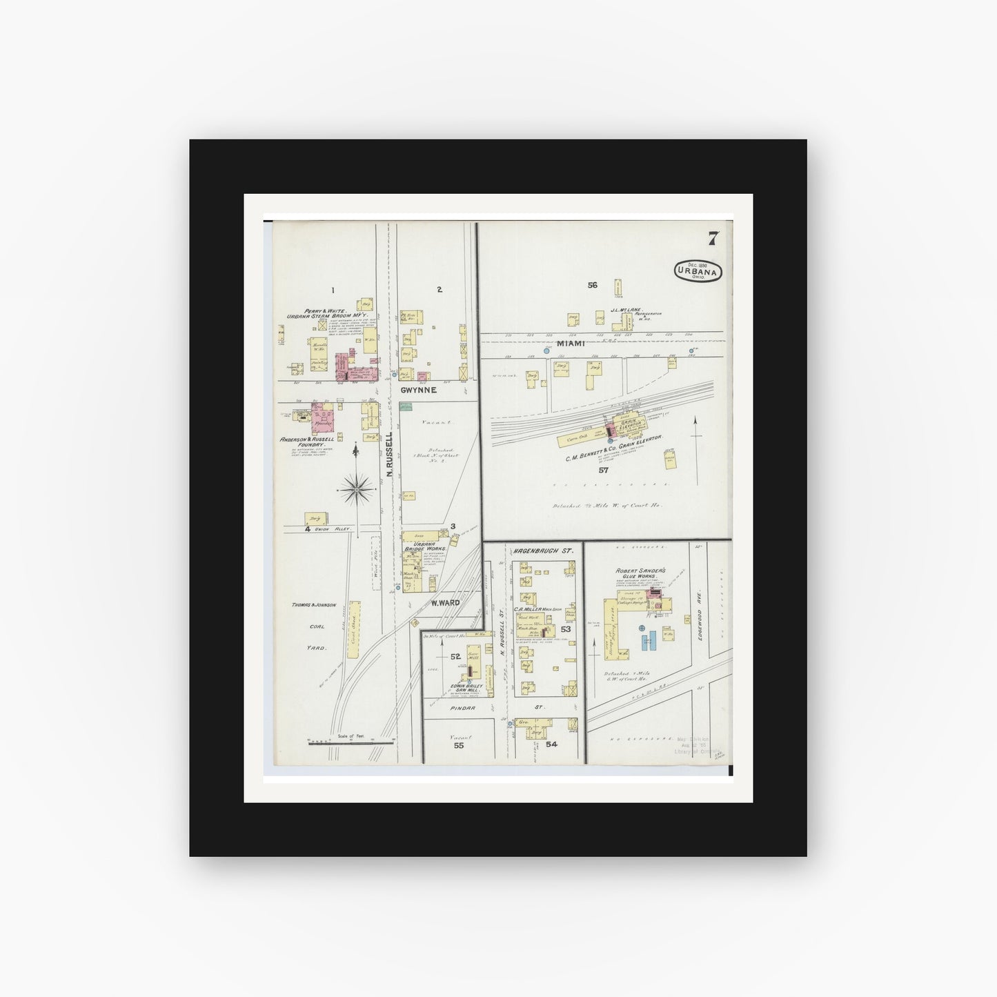 Old map wall art mockup — black gallery frame with white mat — Sanborn Fire Insurance Map from Urbana, Champaign County, Ohio (1890), Sheet #0007