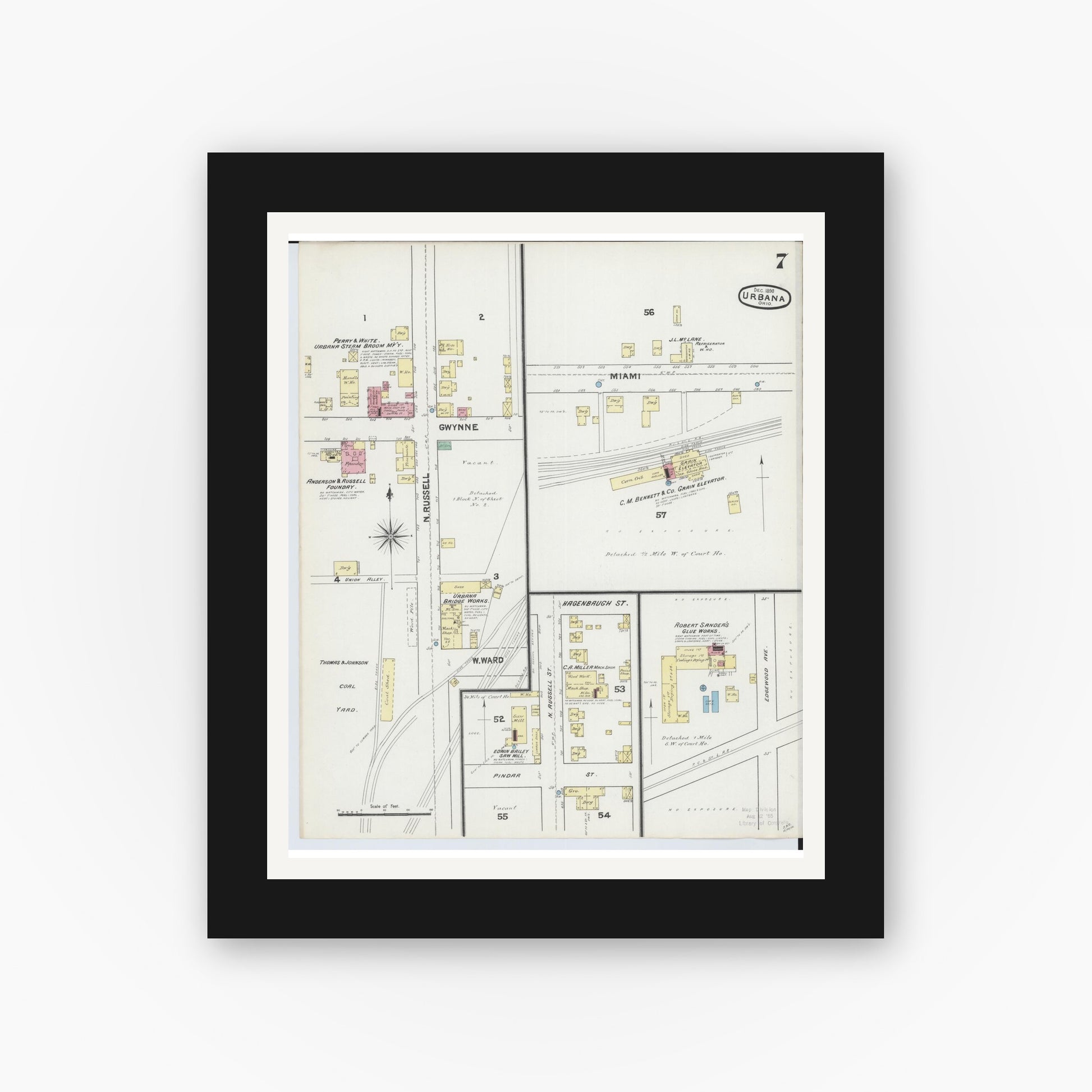 Old map wall art mockup — black gallery frame with white mat — Sanborn Fire Insurance Map from Urbana, Champaign County, Ohio (1890), Sheet #0007