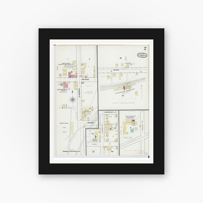 Old map wall art mockup — black gallery frame with white mat — Sanborn Fire Insurance Map from Urbana, Champaign County, Ohio (1890), Sheet #0007