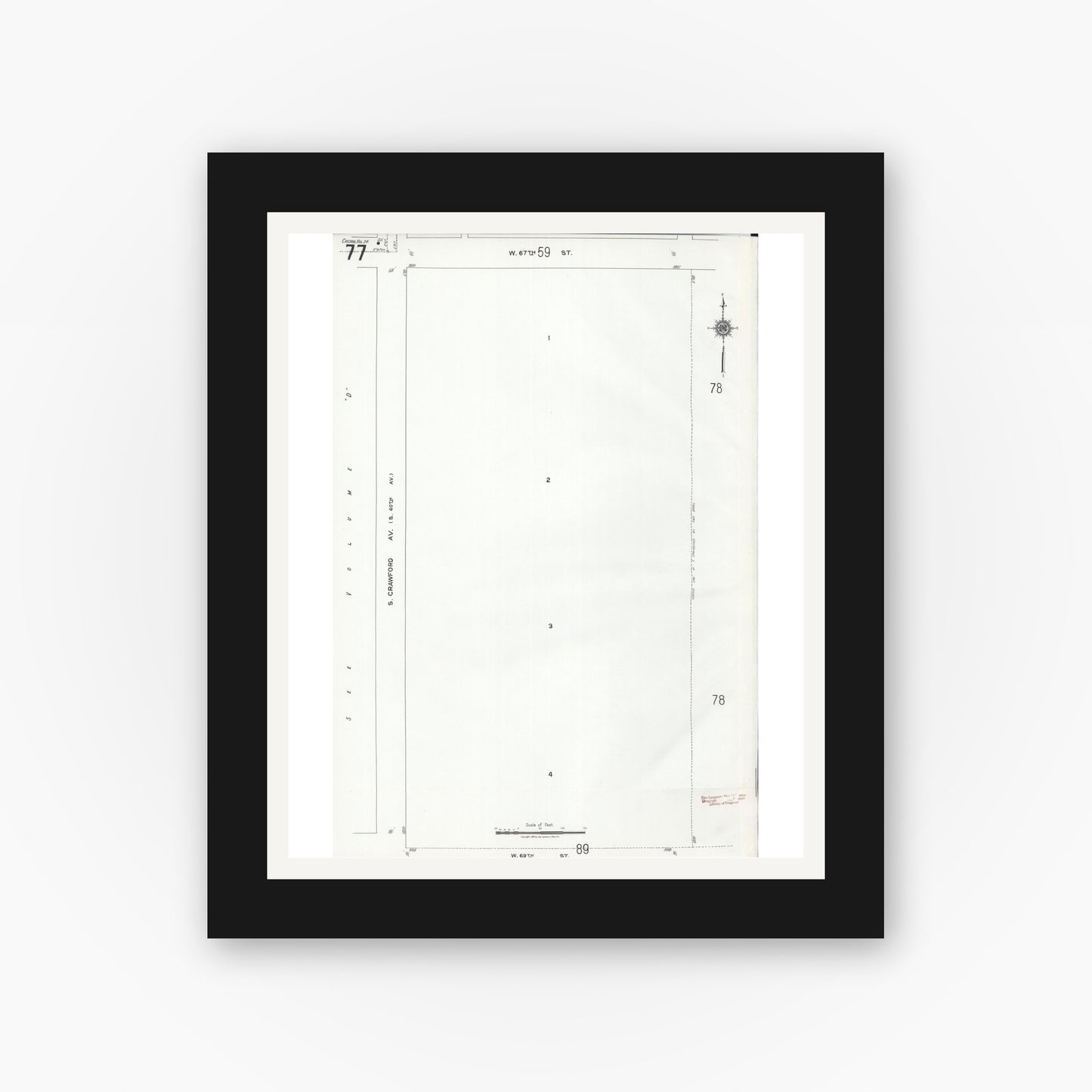 Old map wall art mockup — black gallery frame with white mat — Sanborn Fire Insurance Map from Chicago, Cook County, Illinois (1920), Sheet #0077