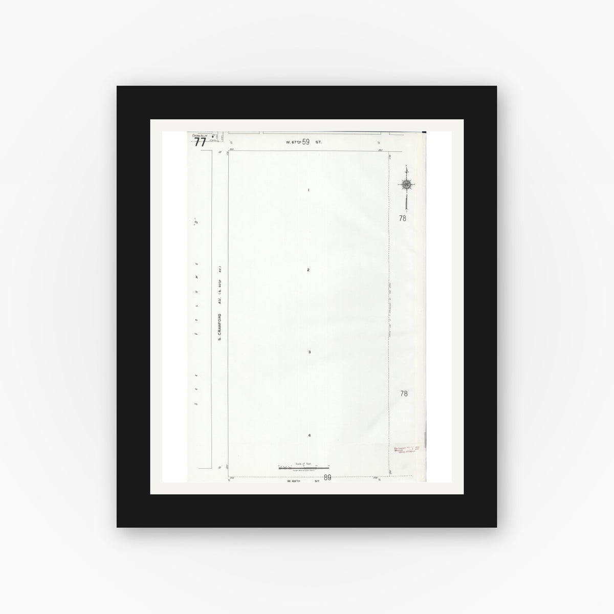 Old map wall art mockup — black gallery frame with white mat — Sanborn Fire Insurance Map from Chicago, Cook County, Illinois (1920), Sheet #0077