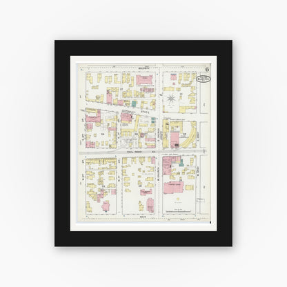 Old map wall art mockup — black gallery frame with white mat — Sanborn Fire Insurance Map from Elmira, Chemung County, New York (1892), Sheet #0006