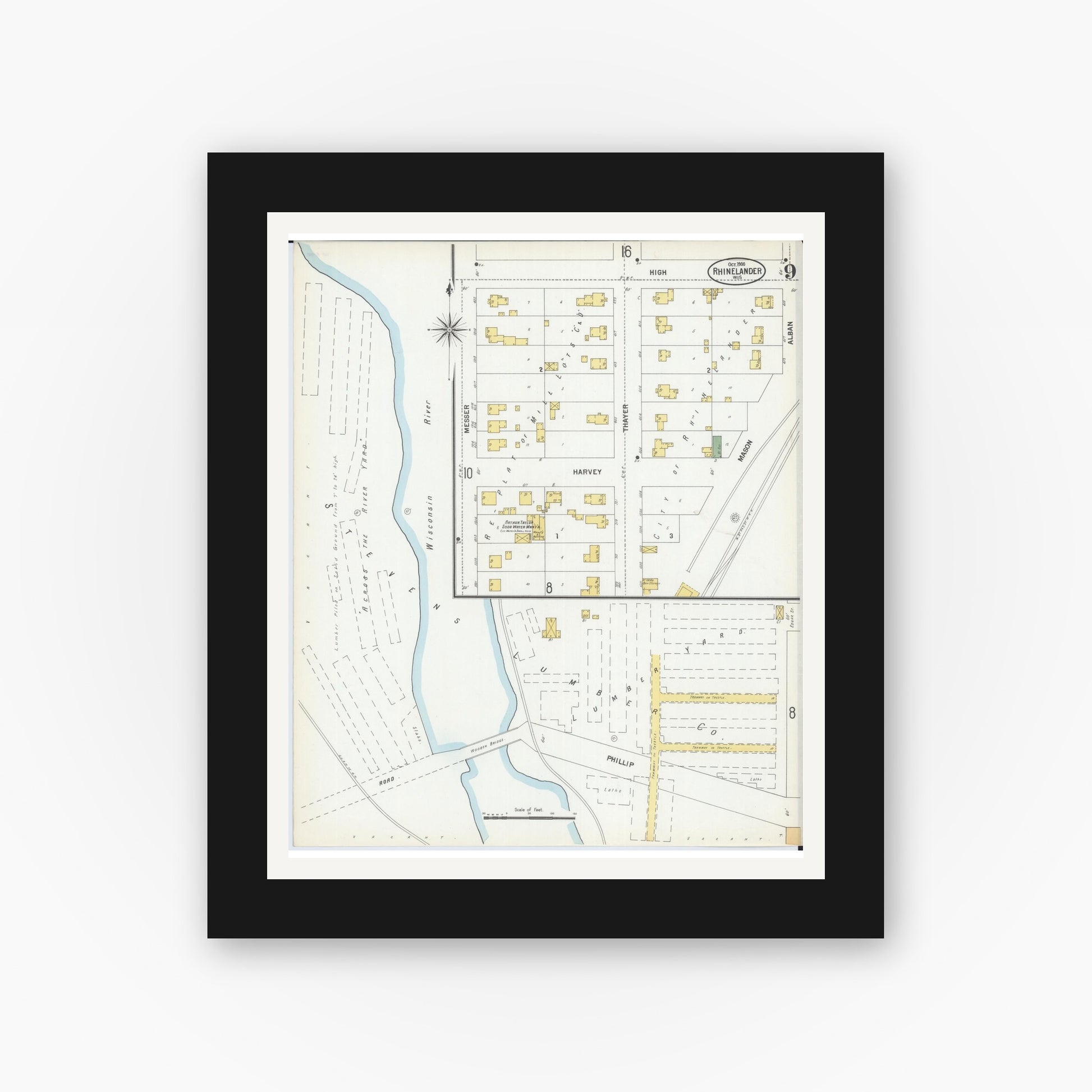 Old map wall art mockup — black gallery frame with white mat — Sanborn Fire Insurance Map from Rhinelander, Oneida County, Wisconsin (1900), Sheet #0009