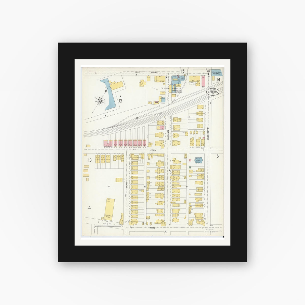 Old map wall art mockup — black gallery frame with white mat — Sanborn Fire Insurance Map from Bristol, Bucks County, Pennsylvania (1903), Sheet #0007