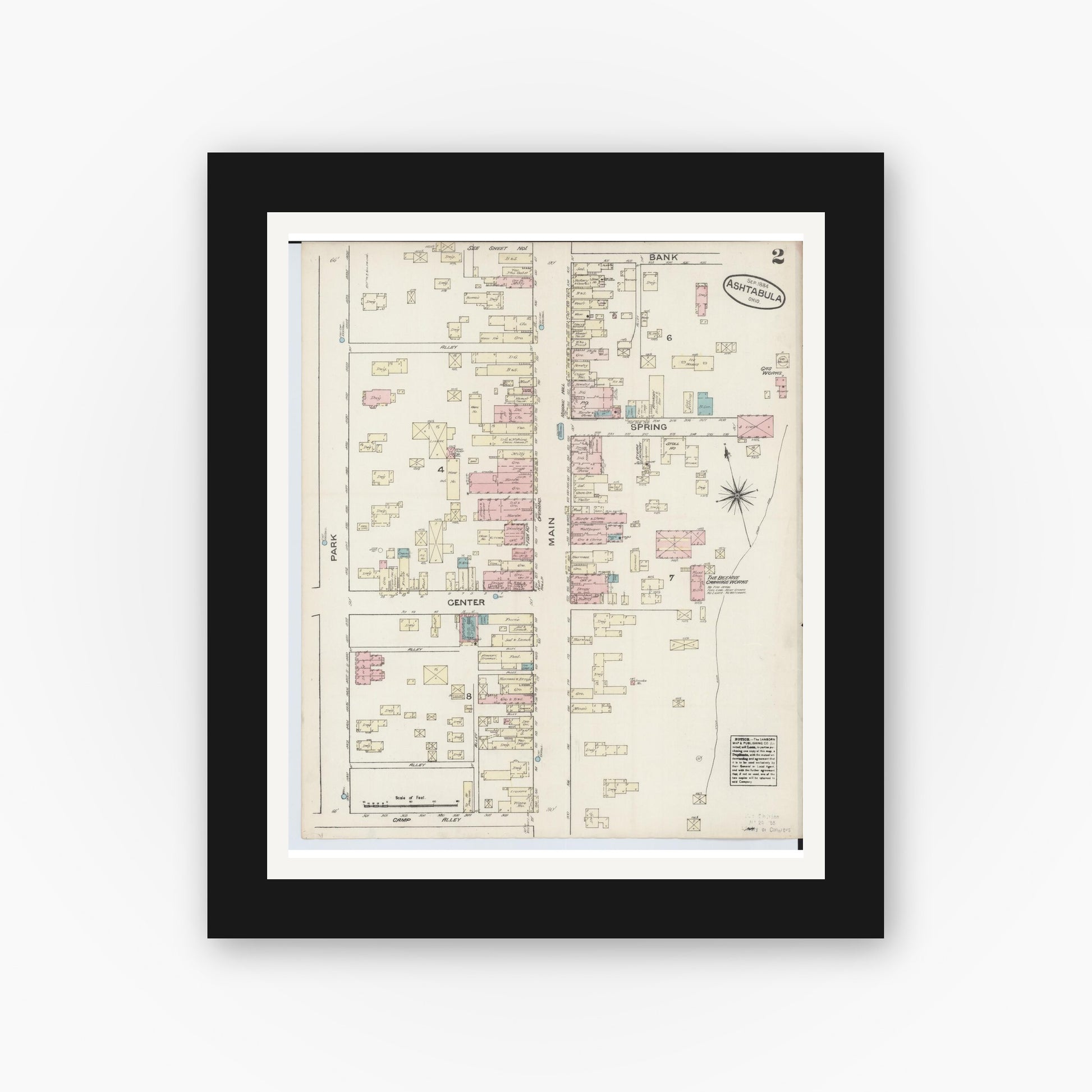 Old map wall art mockup — black gallery frame with white mat — Sanborn Fire Insurance Map from Ashtabula, Ashtabula County, Ohio (1884), Sheet #0002