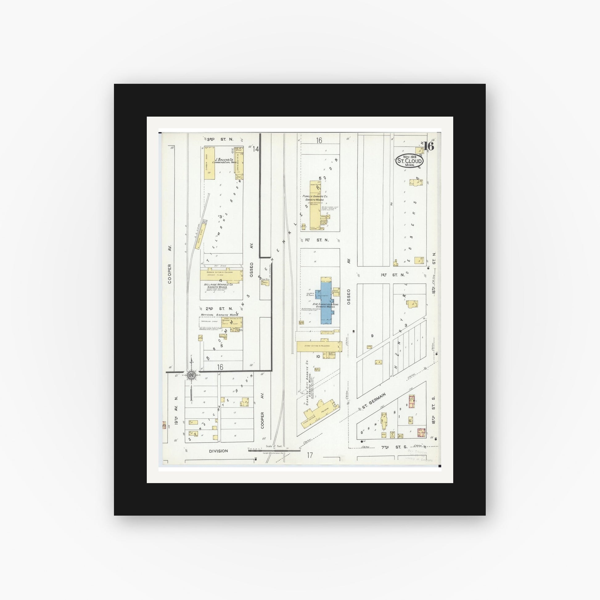 Old map wall art mockup — black gallery frame with white mat — Sanborn Fire Insurance Map from Saint Cloud, Stearns, Benton, and Sherburne Counties, Minnesota (1919), Sheet #0016