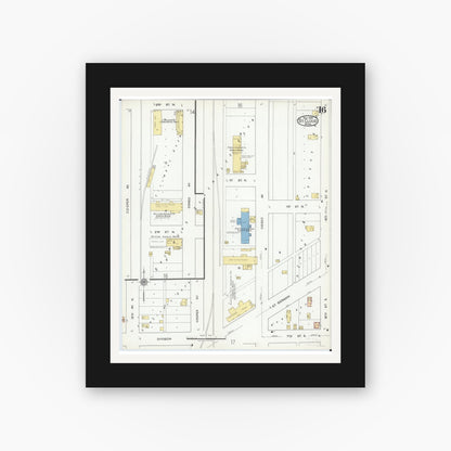 Old map wall art mockup — black gallery frame with white mat — Sanborn Fire Insurance Map from Saint Cloud, Stearns, Benton, and Sherburne Counties, Minnesota (1919), Sheet #0016