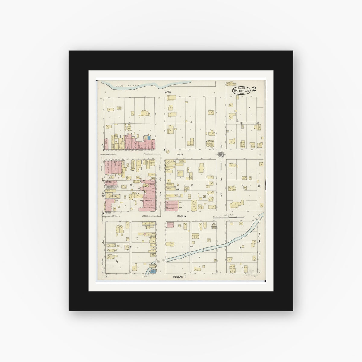 Old map wall art mockup — black gallery frame with white mat — Sanborn Fire Insurance Map from Waterville, Le Sueur County, Minnesota (1914), Sheet #0002
