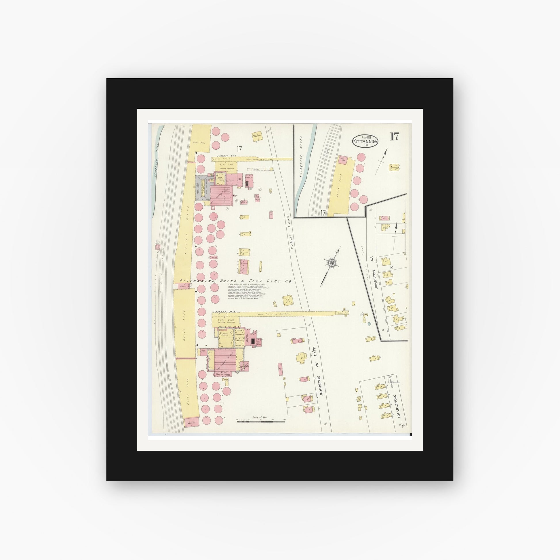 Old map wall art mockup — black gallery frame with white mat — Sanborn Fire Insurance Map from Kittanning, Armstrong County, Pennsylvania (1913), Sheet #0017