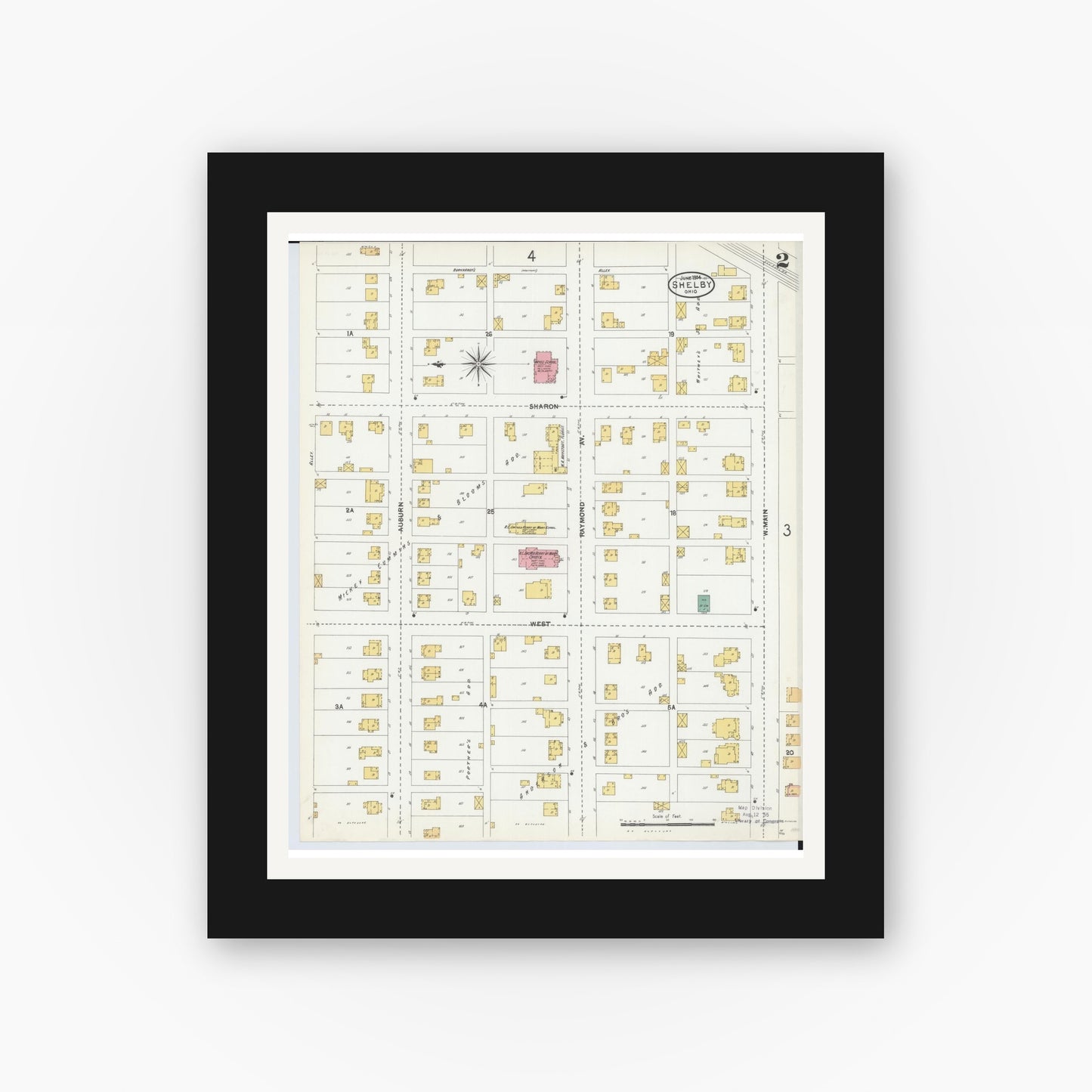 Old map wall art mockup — black gallery frame with white mat — Sanborn Fire Insurance Map from Shelby, Richland County, Ohio (1904), Sheet #0002