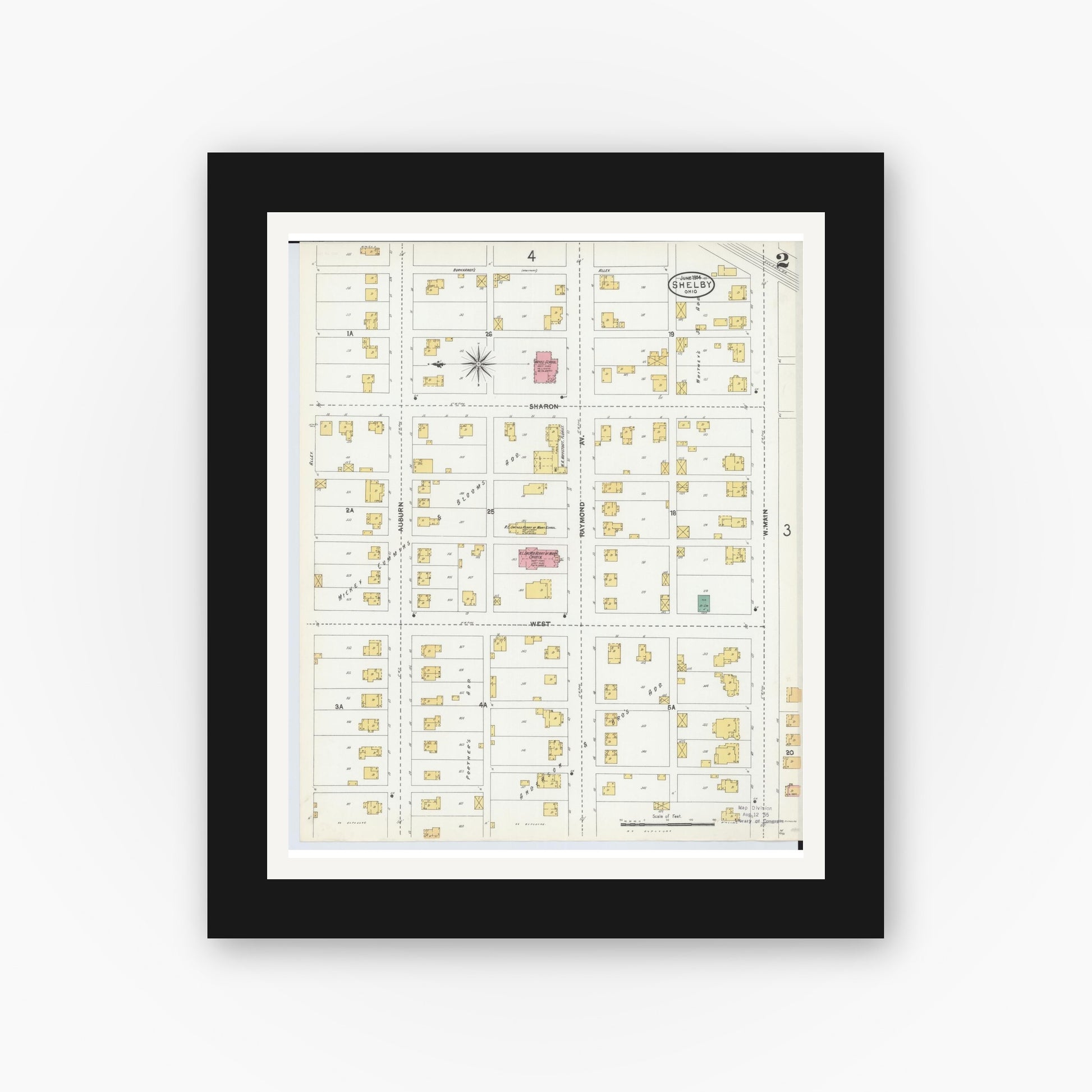 Old map wall art mockup — black gallery frame with white mat — Sanborn Fire Insurance Map from Shelby, Richland County, Ohio (1904), Sheet #0002