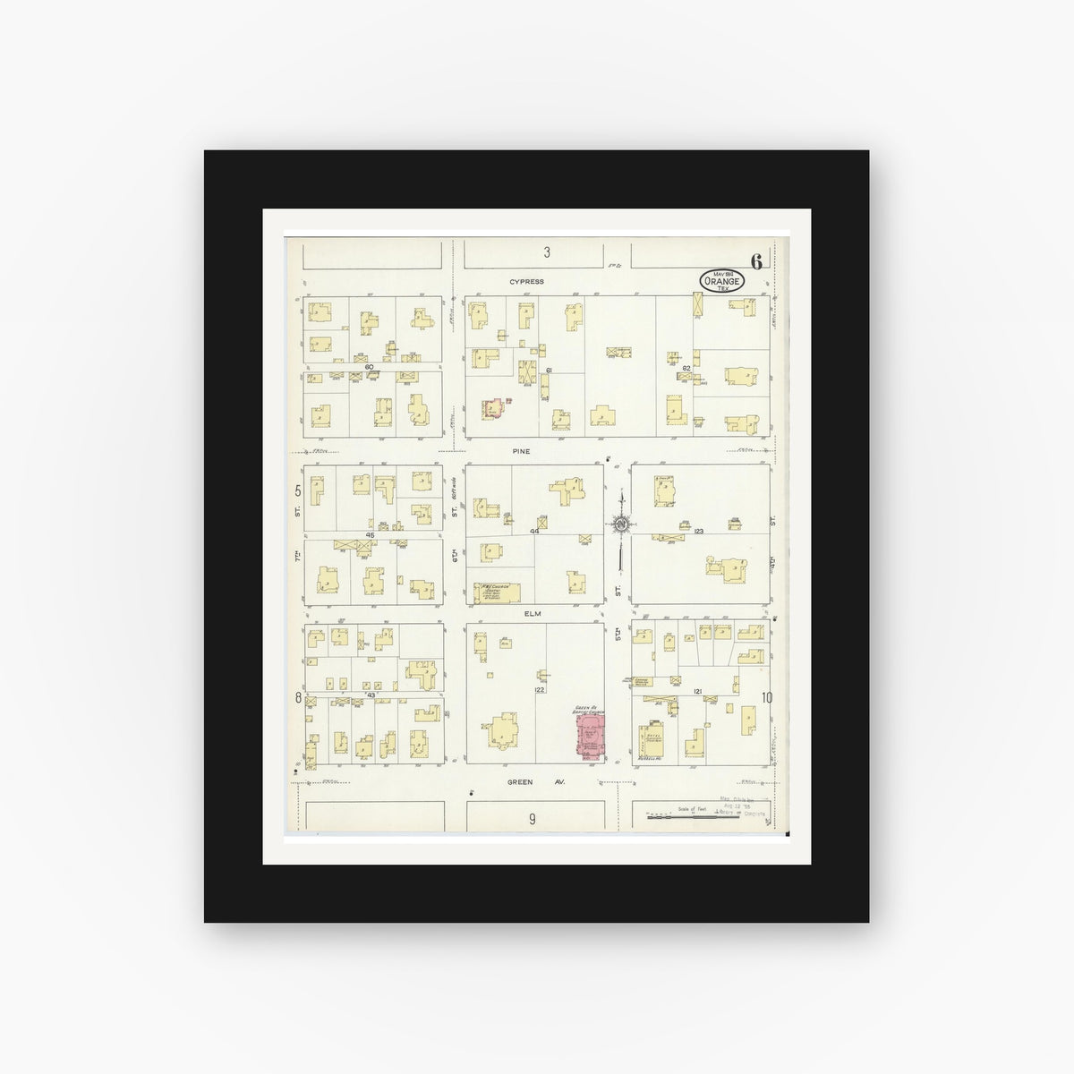 Old map wall art mockup — black gallery frame with white mat — Sanborn Fire Insurance Map from Orange, Orange County, Texas (1914), Sheet #0006