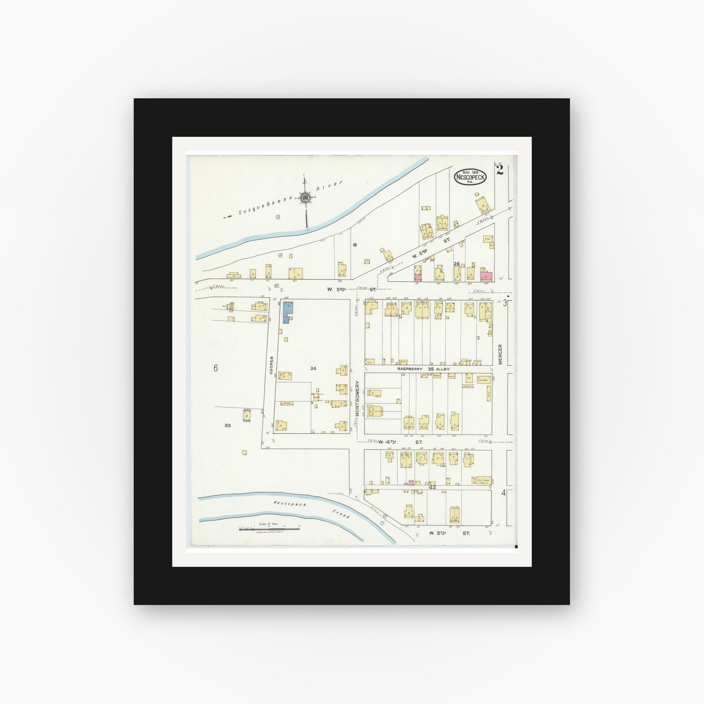 Old map wall art mockup — black gallery frame with white mat — Sanborn Fire Insurance Map from Nescopeck, Luzerne County, Pennsylvania (1919), Sheet #0002