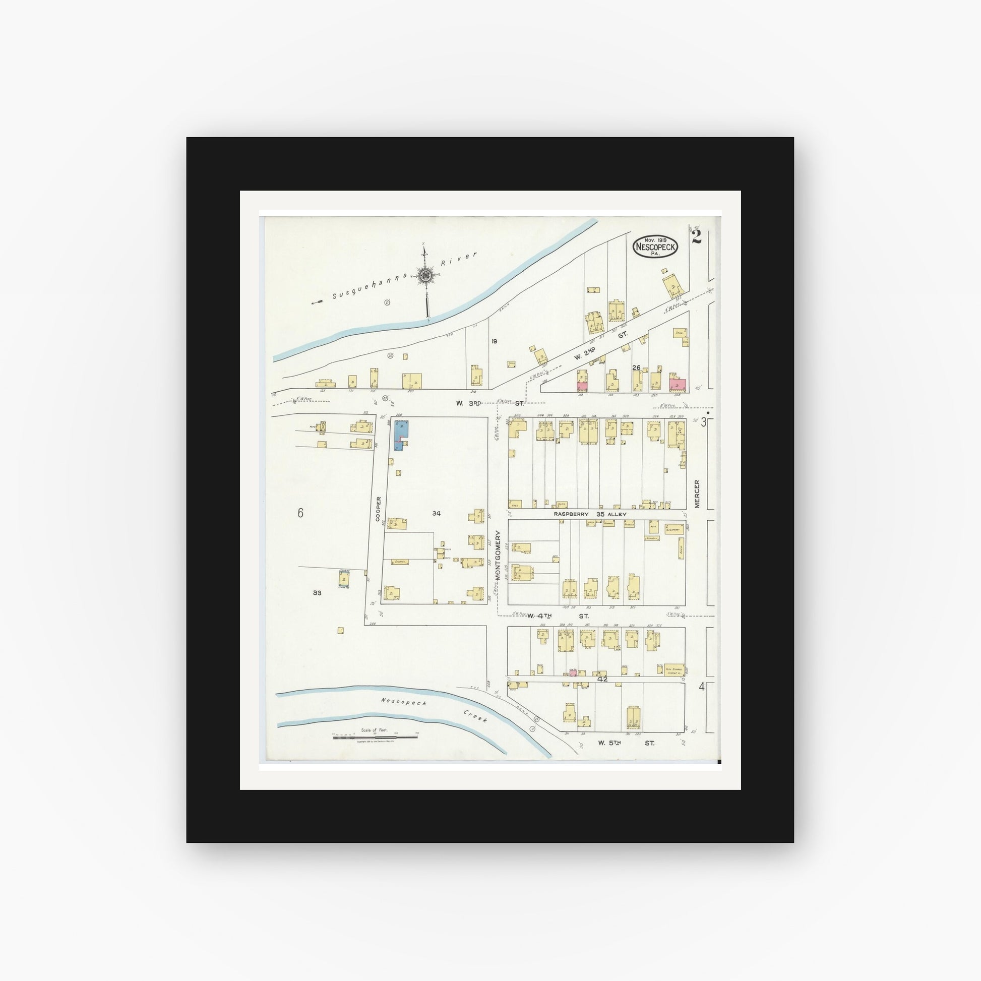 Old map wall art mockup — black gallery frame with white mat — Sanborn Fire Insurance Map from Nescopeck, Luzerne County, Pennsylvania (1919), Sheet #0002