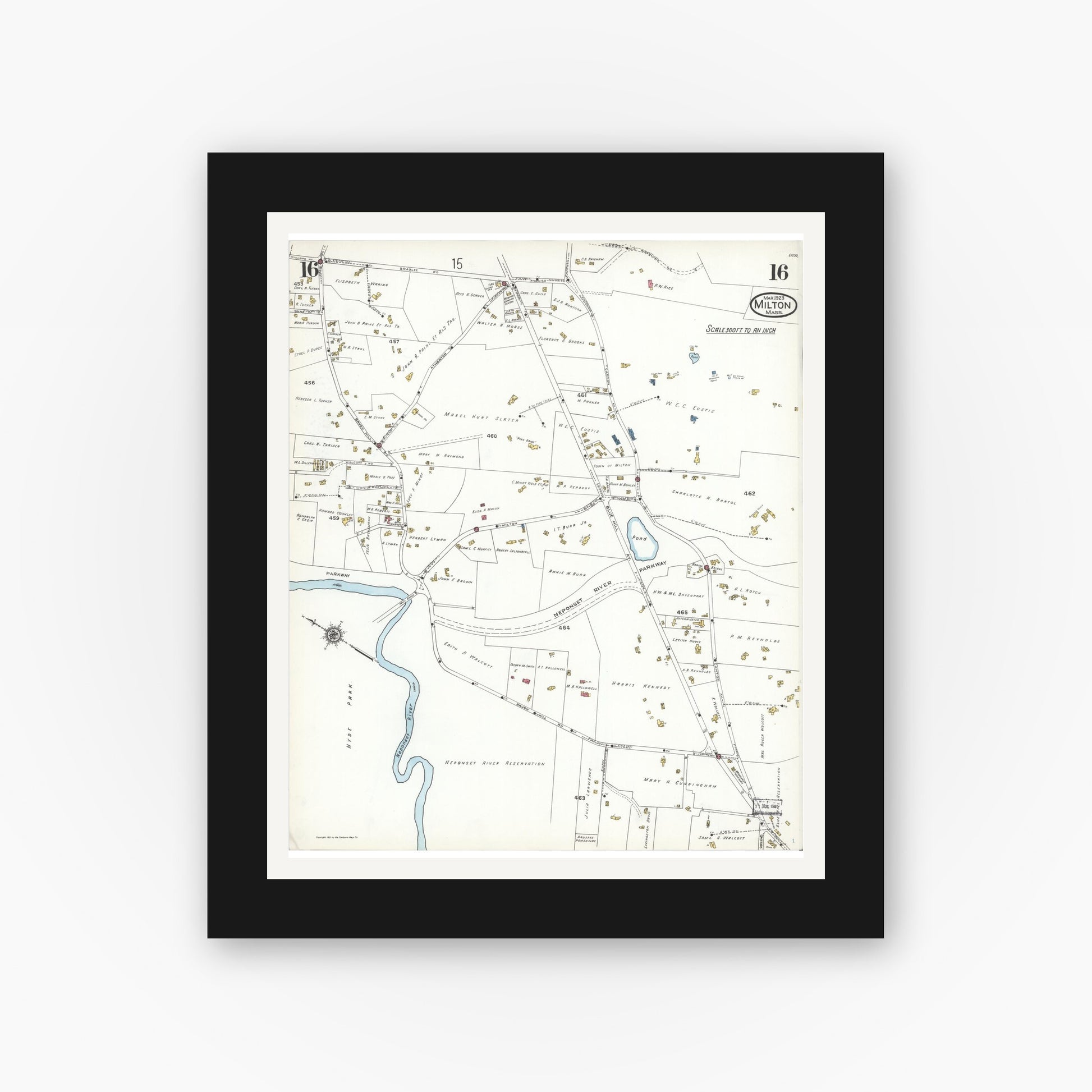 Old map wall art mockup — black gallery frame with white mat — Sanborn Fire Insurance Map from Milton, Norfolk County, Massachusetts (1923), Sheet #0016