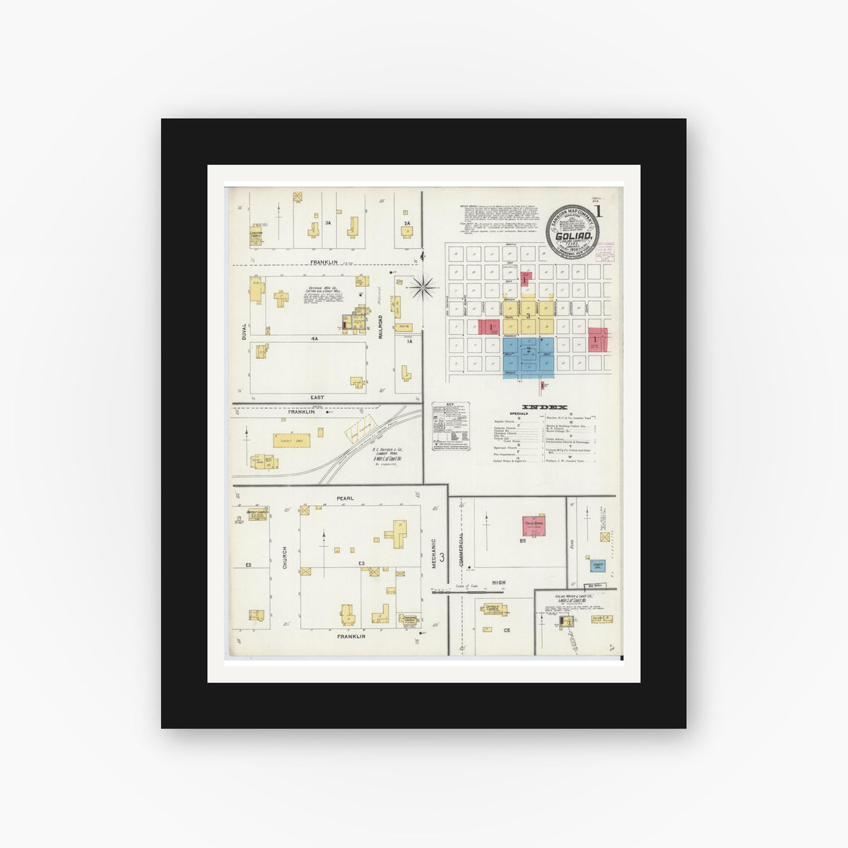 Old map wall art mockup — black gallery frame with white mat — Sanborn Fire Insurance Map from Goliad, Goliad County, Texas (1906) - Complete Map Set