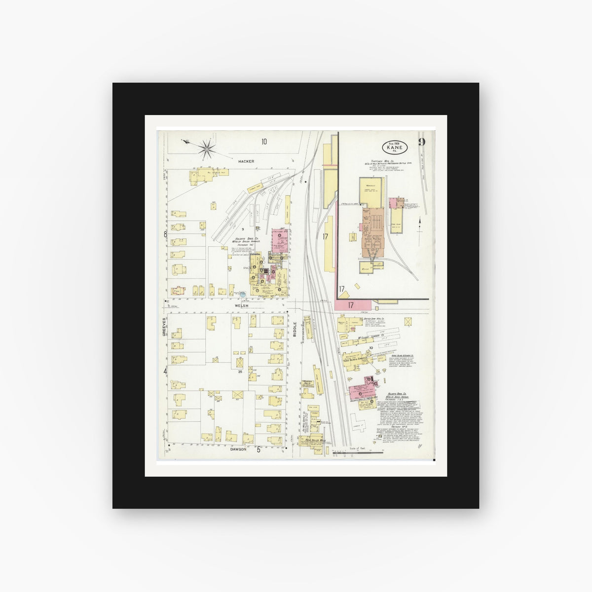 Old map wall art mockup — black gallery frame with white mat — Sanborn Fire Insurance Map from Kane, McKean County, Pennsylvania (1909), Sheet #0009