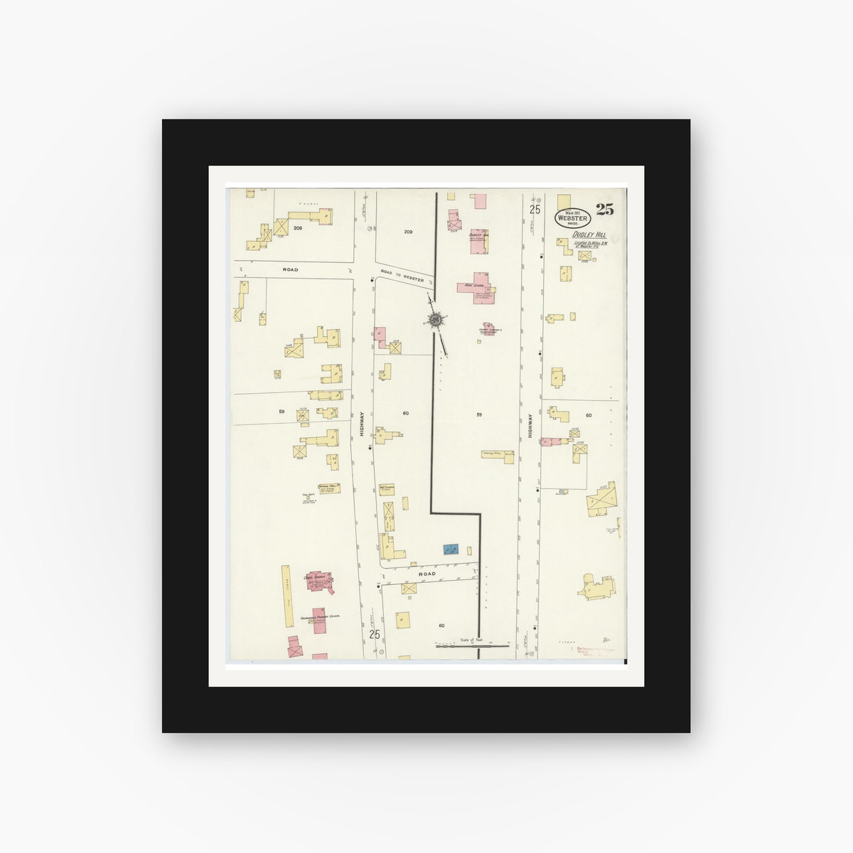 Old map wall art mockup — black gallery frame with white mat — Sanborn Fire Insurance Map from Webster, Worcester County, Massachusetts (1911), Sheet #0025