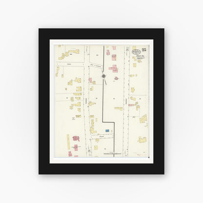 Old map wall art mockup — black gallery frame with white mat — Sanborn Fire Insurance Map from Webster, Worcester County, Massachusetts (1911), Sheet #0025