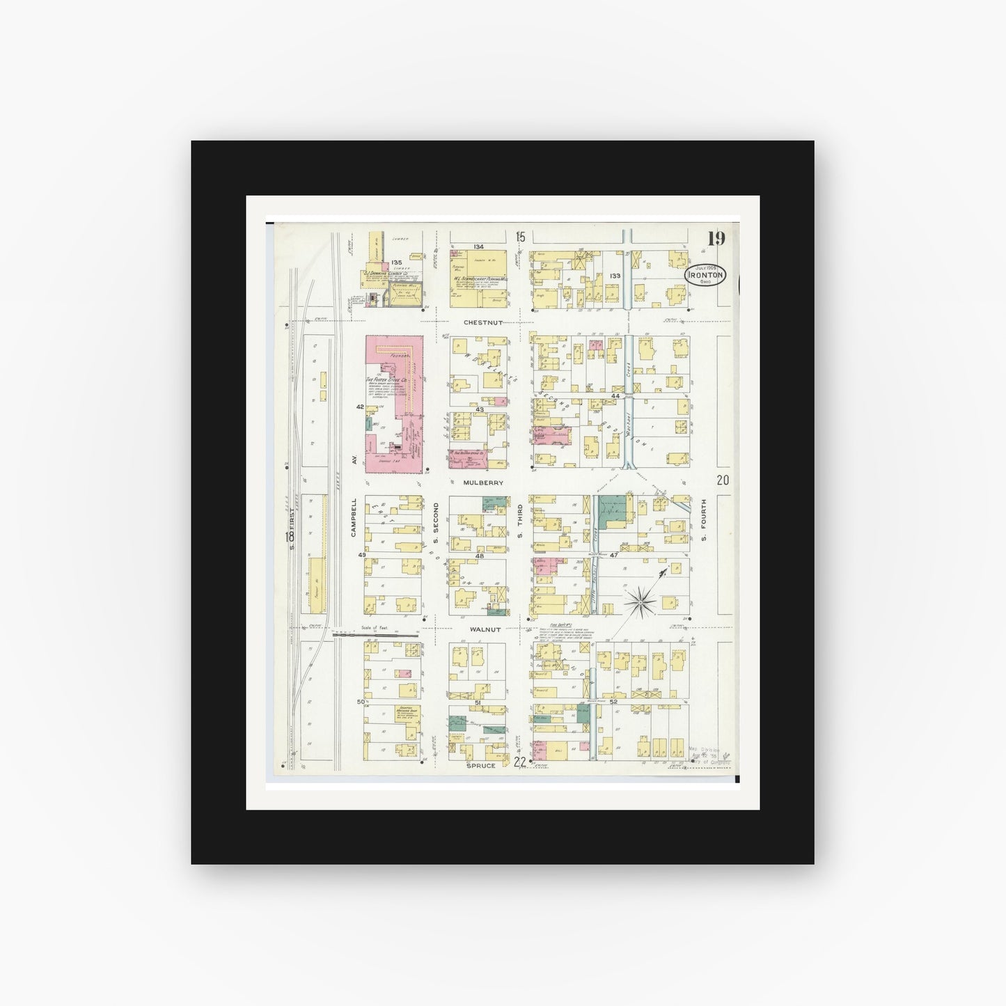 Old map wall art mockup — black gallery frame with white mat — Sanborn Fire Insurance Map from Ironton, Lawrence County, Ohio (1909), Sheet #0019