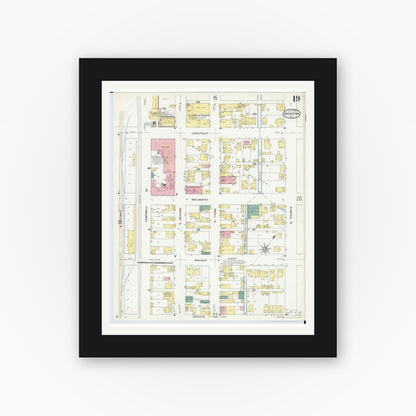 Old map wall art mockup — black gallery frame with white mat — Sanborn Fire Insurance Map from Ironton, Lawrence County, Ohio (1909), Sheet #0019