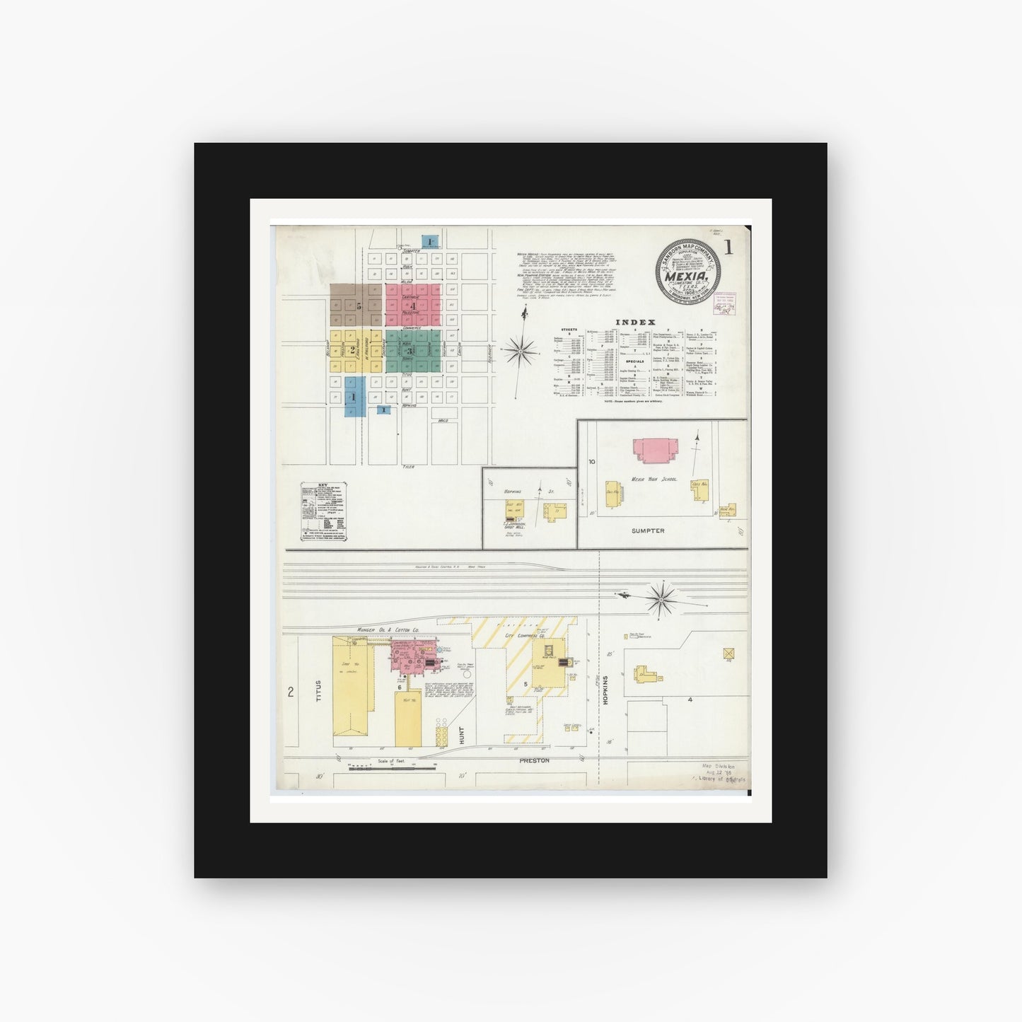 Old map wall art mockup — black gallery frame with white mat — Sanborn Fire Insurance Map from Mexia, Limestone County, Texas (1906) - Complete Map Set