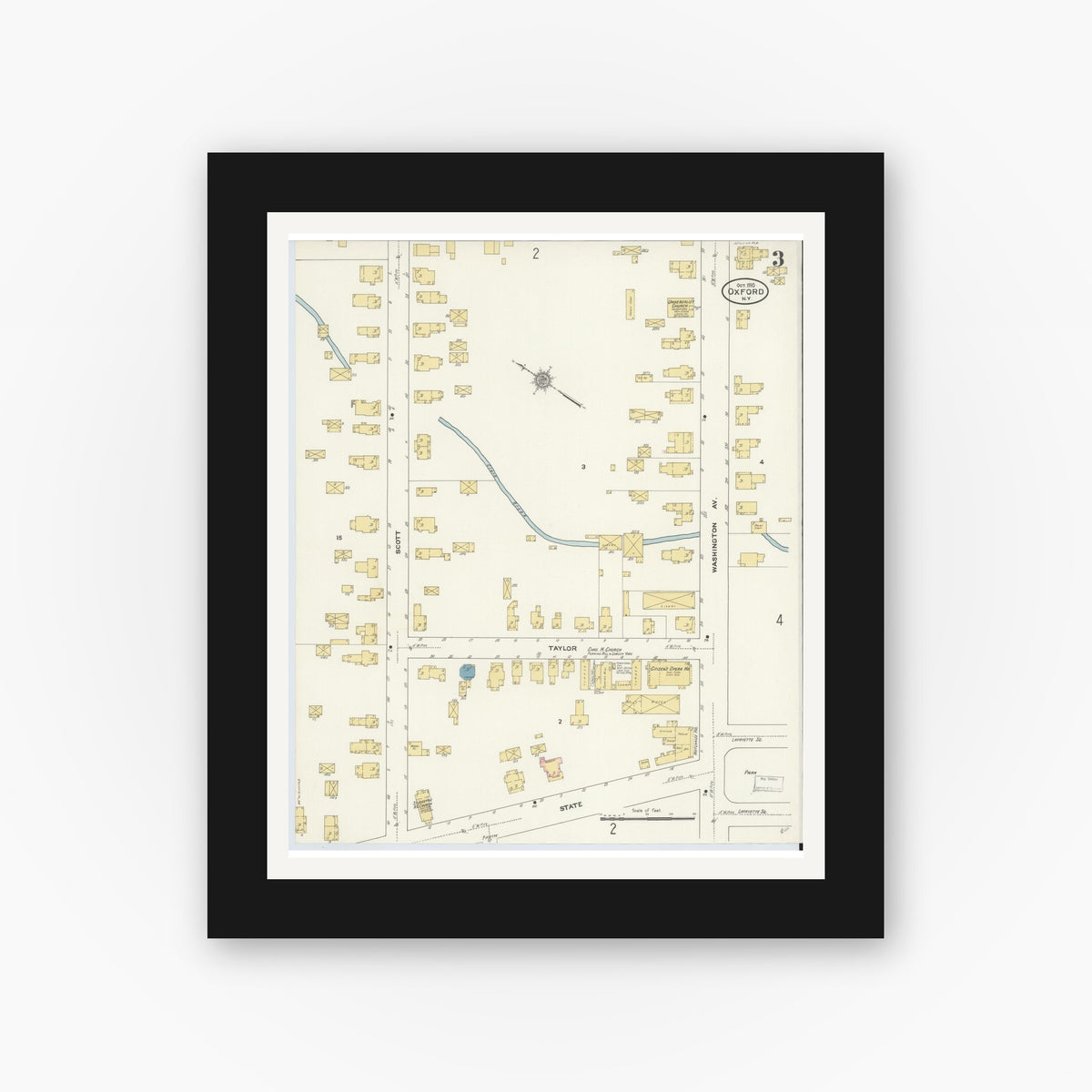 Old map wall art mockup — black gallery frame with white mat — Sanborn Fire Insurance Map from Oxford, Chenango County, New York (1910), Sheet #0003