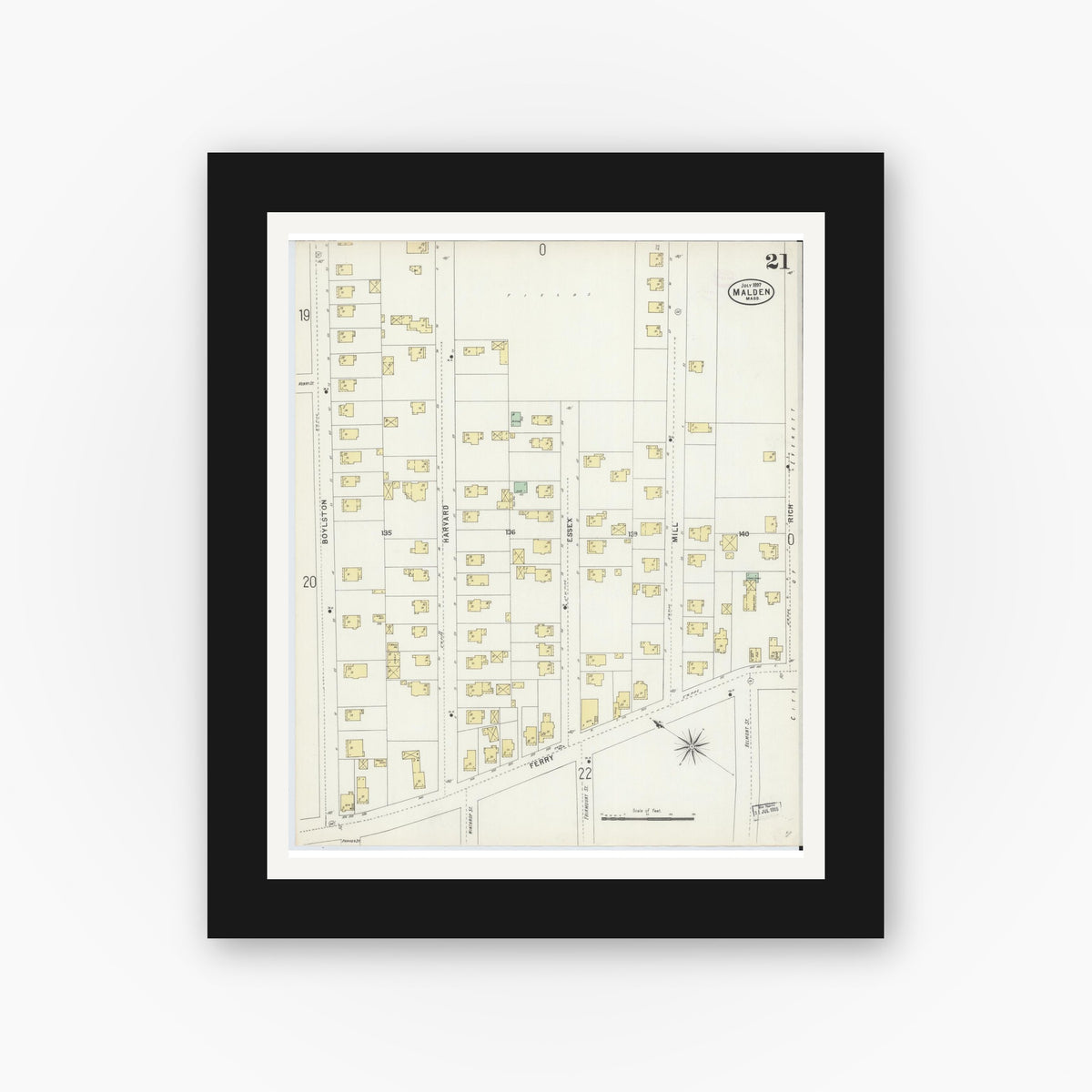Old map wall art mockup — black gallery frame with white mat — Sanborn Fire Insurance Map from Malden, Middlesex County, Massachusetts (1897), Sheet #0021