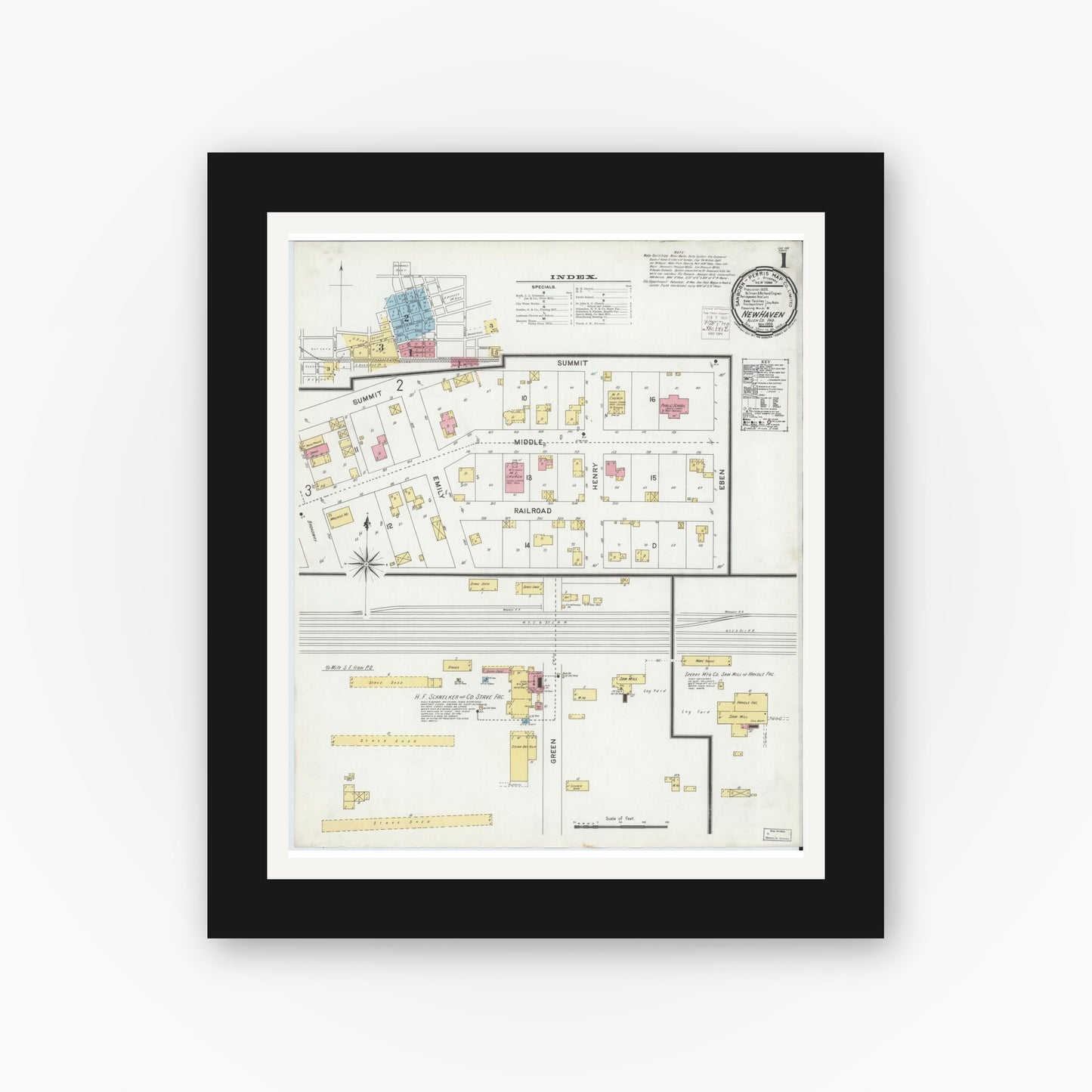 Old map wall art mockup — black gallery frame with white mat — Sanborn Fire Insurance Map from New Haven, Allen County, Indiana (1900) - Complete Map Set