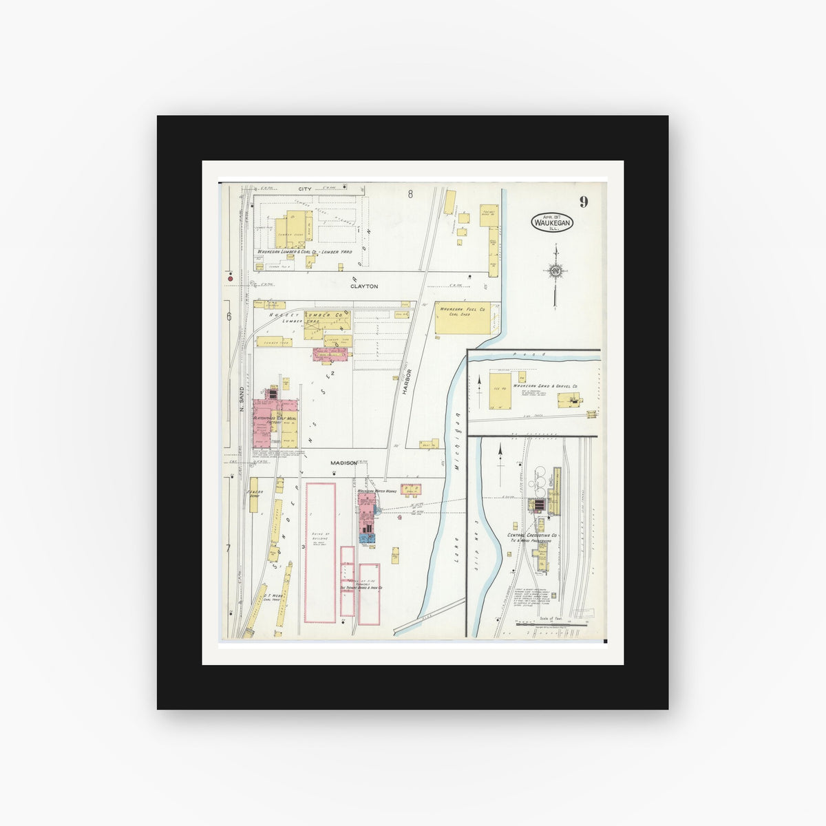 Old map wall art mockup — black gallery frame with white mat — Sanborn Fire Insurance Map from Waukegan, Lake County, Illinois (1917), Sheet #0009