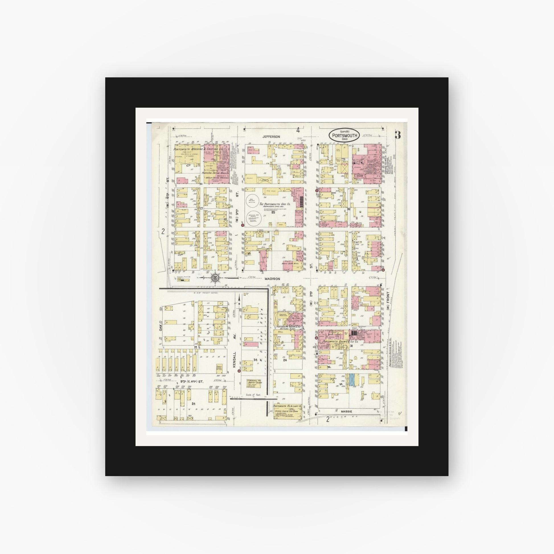Old map wall art mockup — black gallery frame with white mat — Sanborn Fire Insurance Map from Portsmouth, Scioto County, Ohio (1911), Sheet #0003