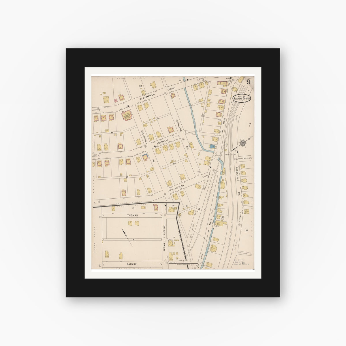 Old map wall art mockup — black gallery frame with white mat — Sanborn Fire Insurance Map from Roaring Spring, Blair County, Pennsylvania (1922), Sheet #0009